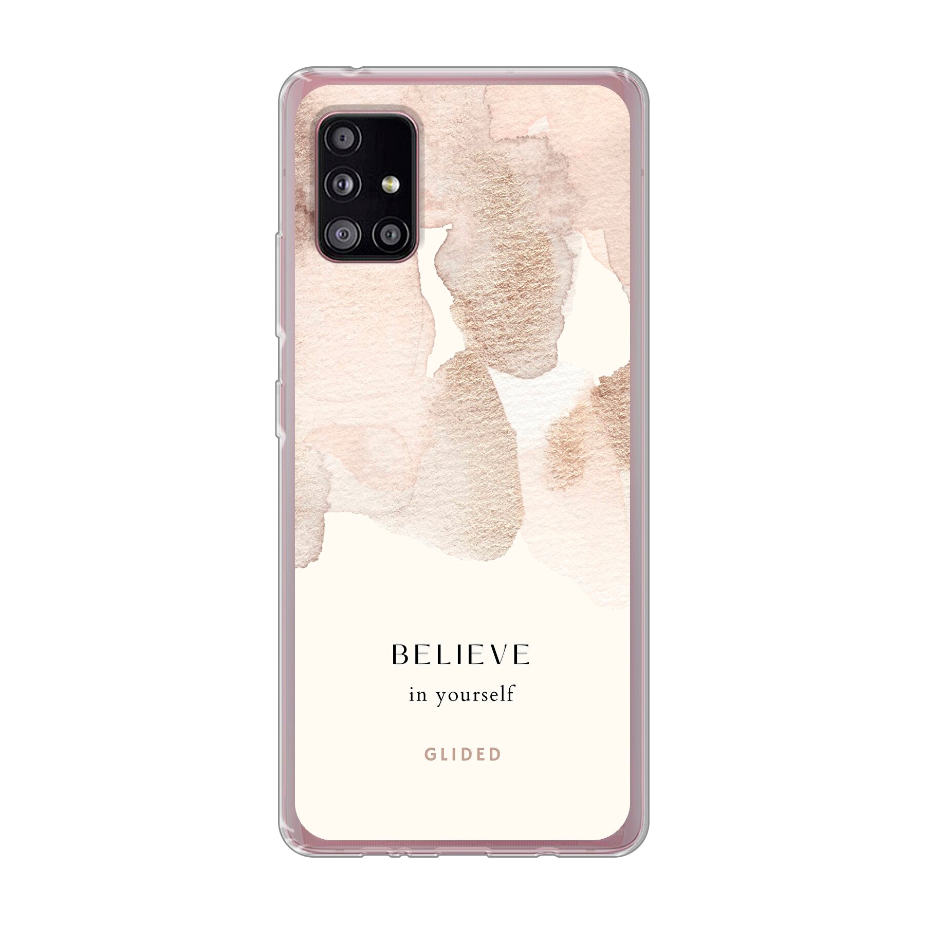 Samsung Galaxy A51 5G Handyhülle mit inspirierender Botschaft 'Believe in Yourself' und sanften Aquarellfarbklecksen.