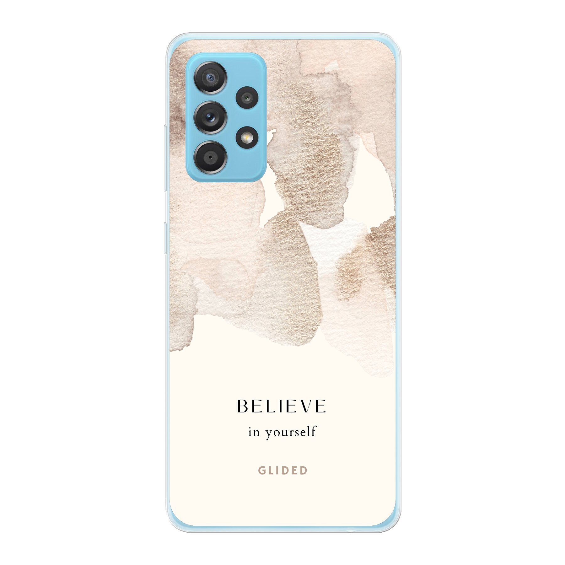 Samsung Galaxy A53 5G Handyhülle mit inspirierender Botschaft 'Believe in Yourself' und sanften Aquarellfarbklecksen.