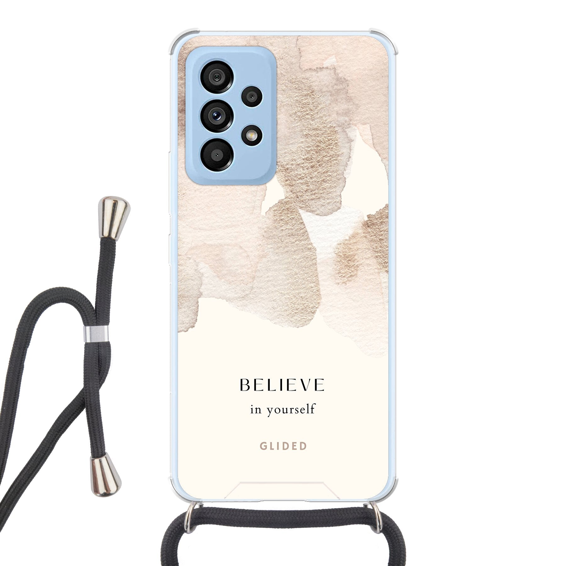 Samsung Galaxy A53 5G Handyhülle mit inspirierender Botschaft 'Believe in Yourself' und sanften Aquarellfarbklecksen.