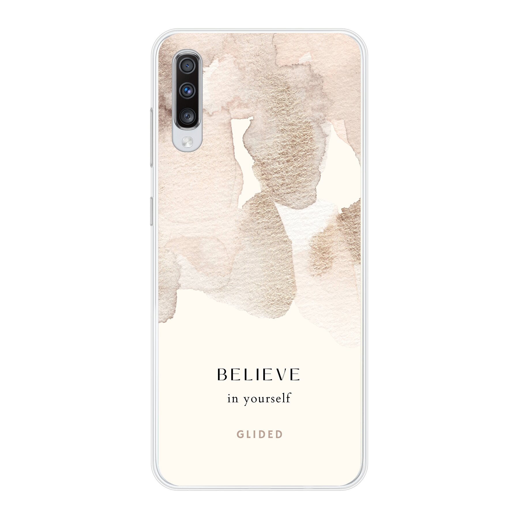 Samsung Galaxy A70 Handyhülle mit Aquarellfarben und der Botschaft 'Believe in Yourself', die Inspiration und Schutz vereint.