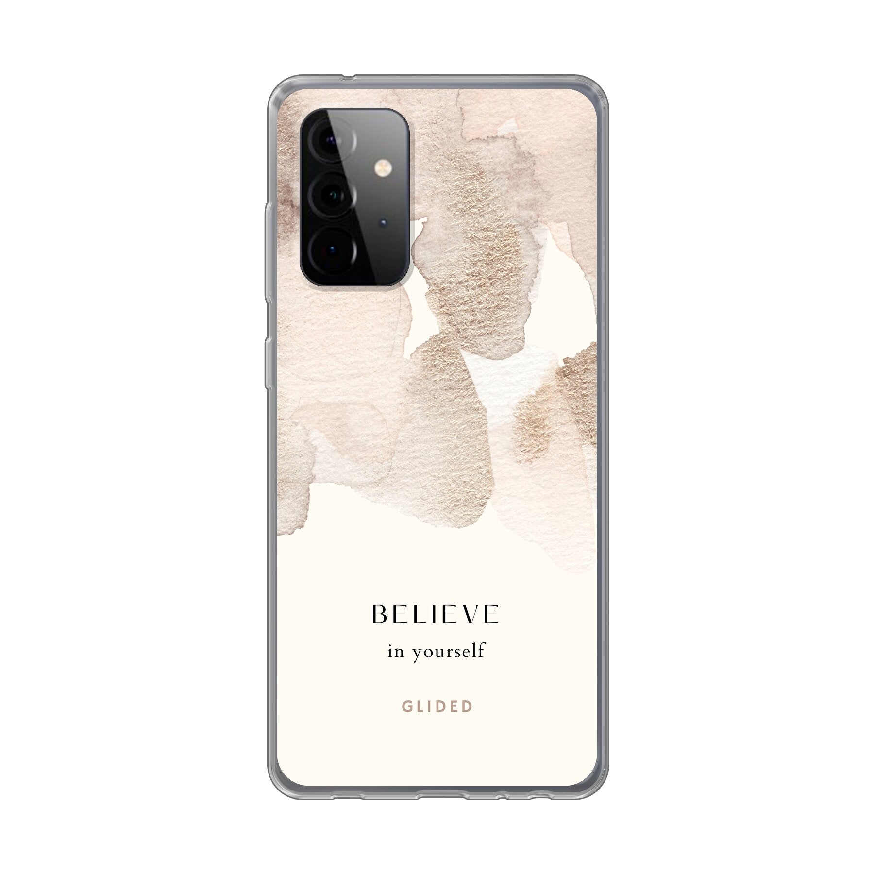 Samsung Galaxy A72 Handyhülle mit Aquarell-Design und inspirierender Botschaft 'Believe in Yourself'.