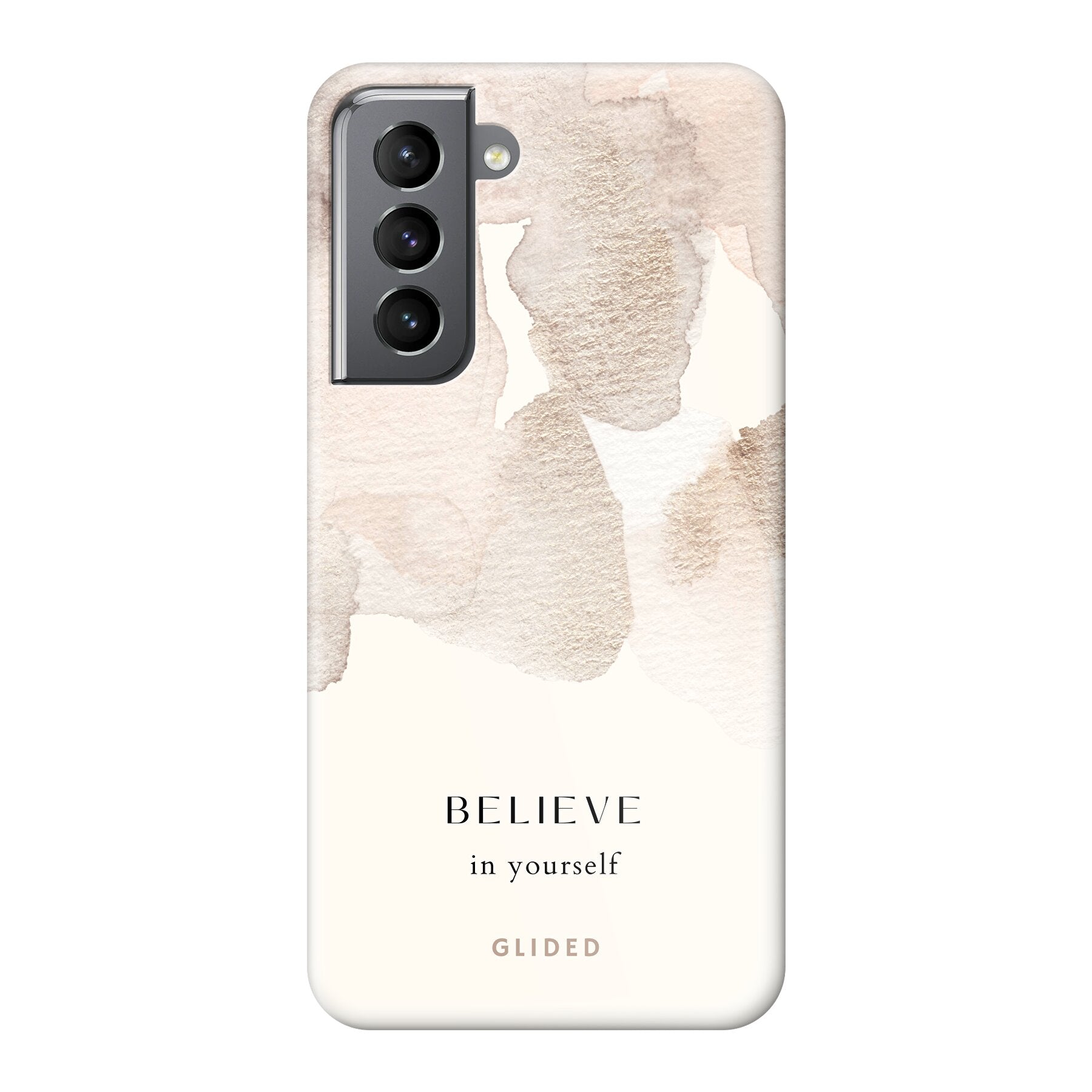 Samsung Galaxy S21 5G Handyhülle mit inspirierender Botschaft 'Believe in Yourself' auf Aquarellhintergrund.