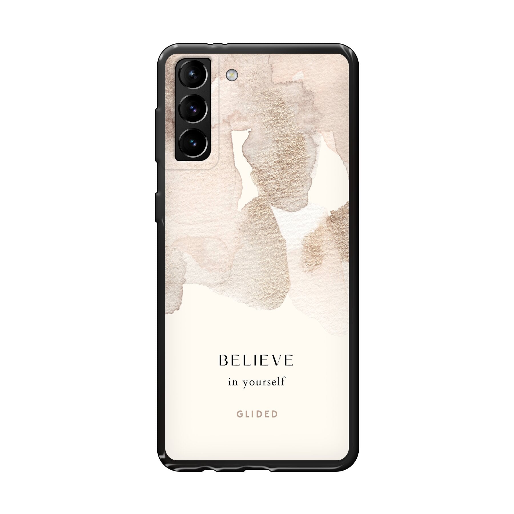 Samsung Galaxy S21 Plus 5G Handyhülle mit inspirierender Botschaft 'Believe in Yourself' und sanften Aquarellfarbklecksen.