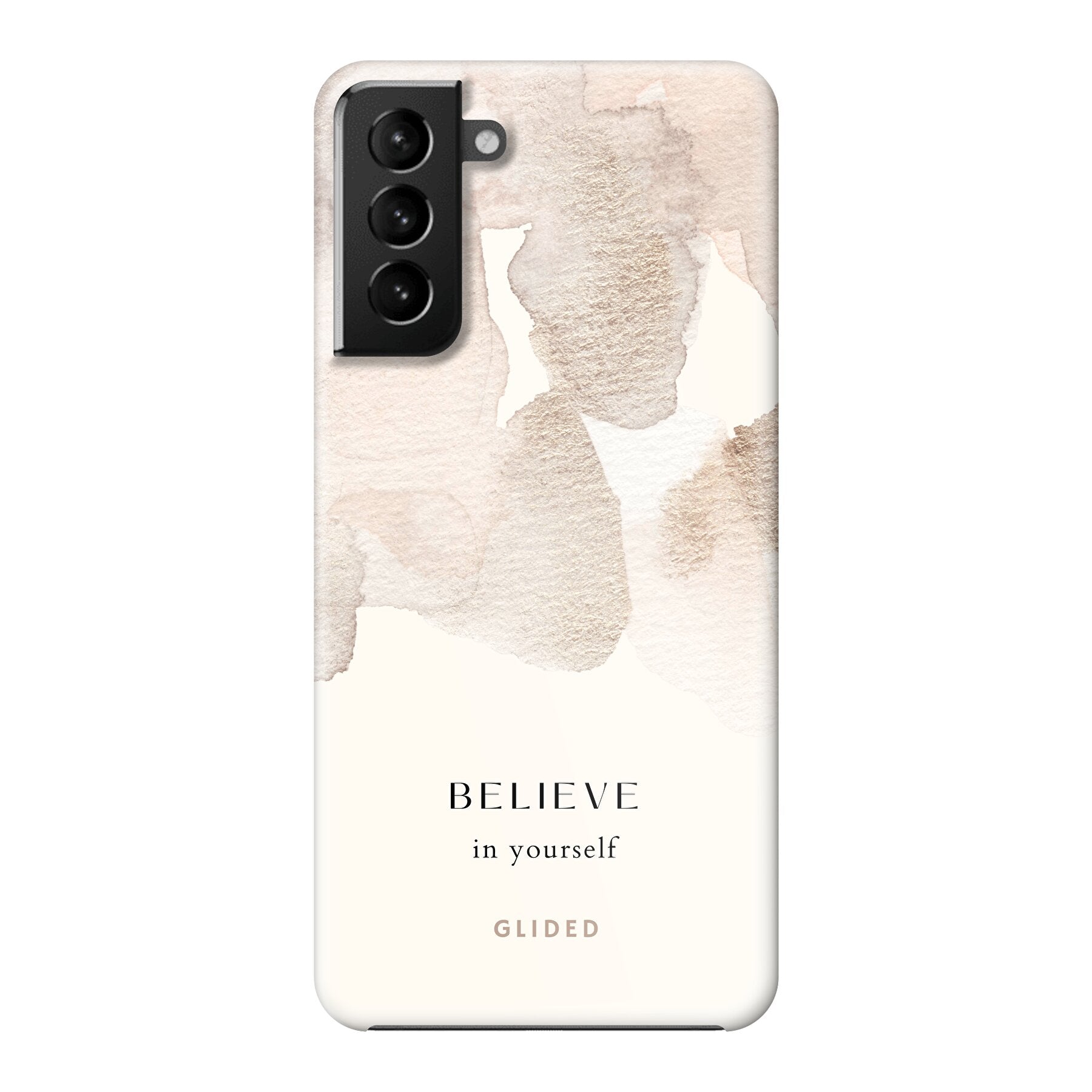 Samsung Galaxy S21 Plus 5G Handyhülle mit inspirierender Botschaft 'Believe in Yourself' und sanften Aquarellfarbklecksen.