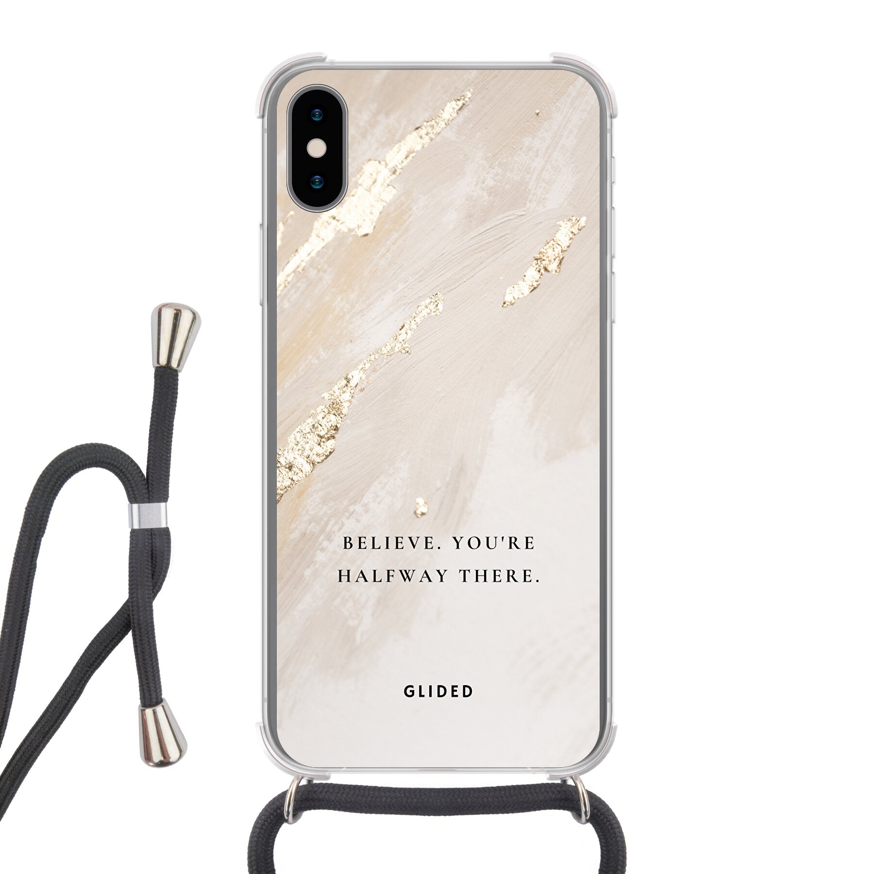 Die Believe Handyhülle für iPhone X/Xs mit inspirierendem Spruch auf ansprechendem Hintergrund, bietet Schutz und Motivation.