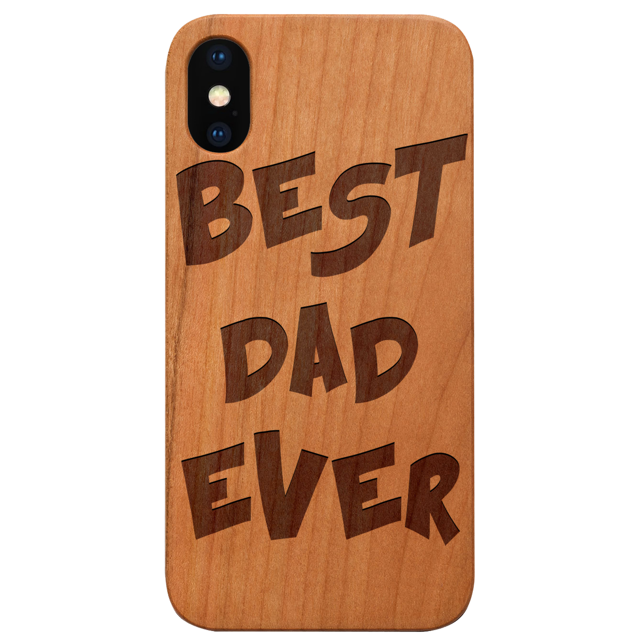 Best Dad Ever engraved wooden phone case showcasing unique design and durable construction.