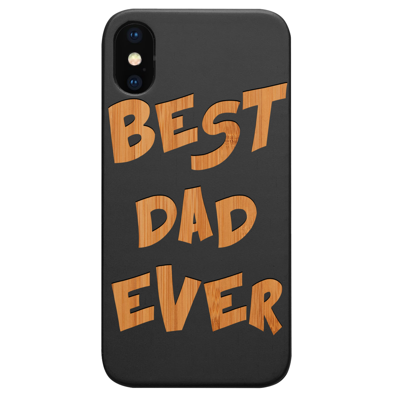 Best Dad Ever engraved wooden phone case showcasing unique design and durable construction.