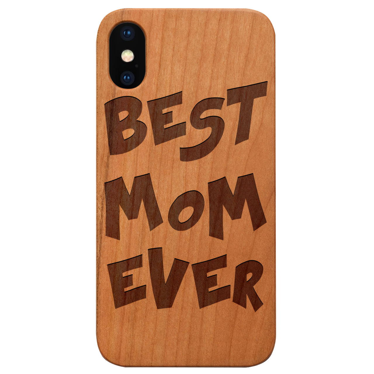 Best Mom Ever engraved wooden phone case showcasing its unique design and durable construction.