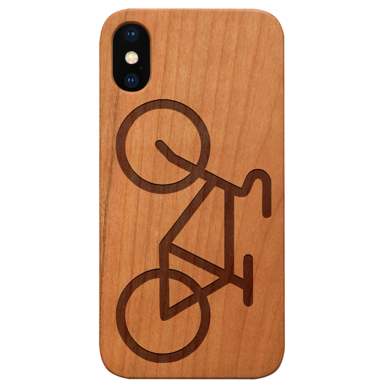 Engraved Bicycle wooden phone case showcasing intricate design and natural wood finish.