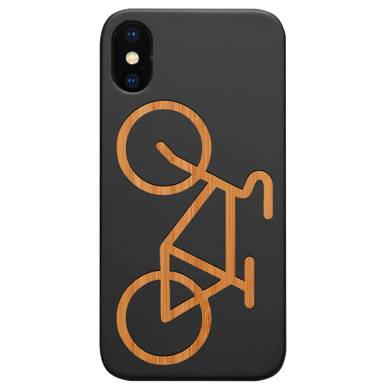 Engraved Bicycle wooden phone case showcasing intricate design and natural wood finish.