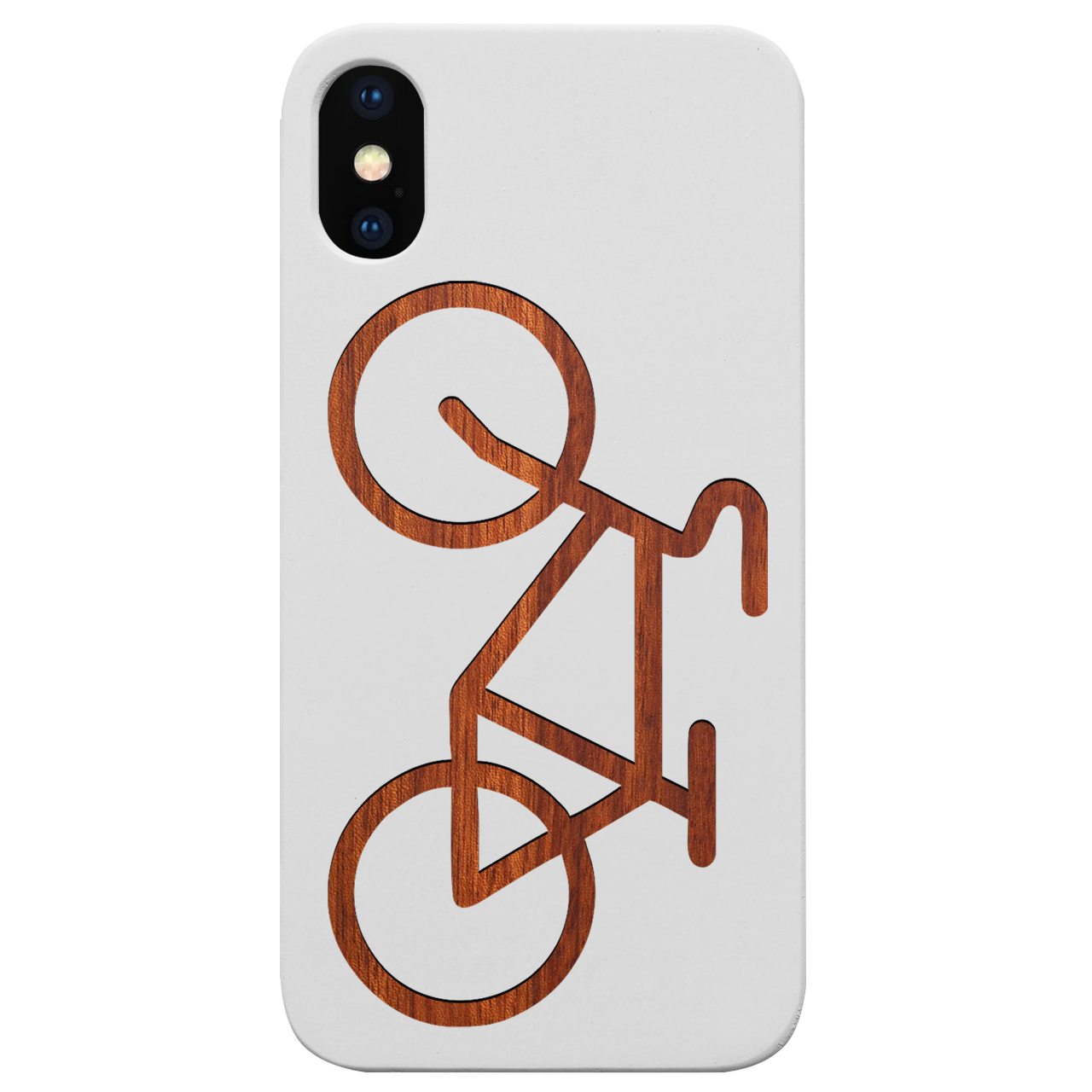 Engraved Bicycle wooden phone case showcasing intricate design and natural wood finish.