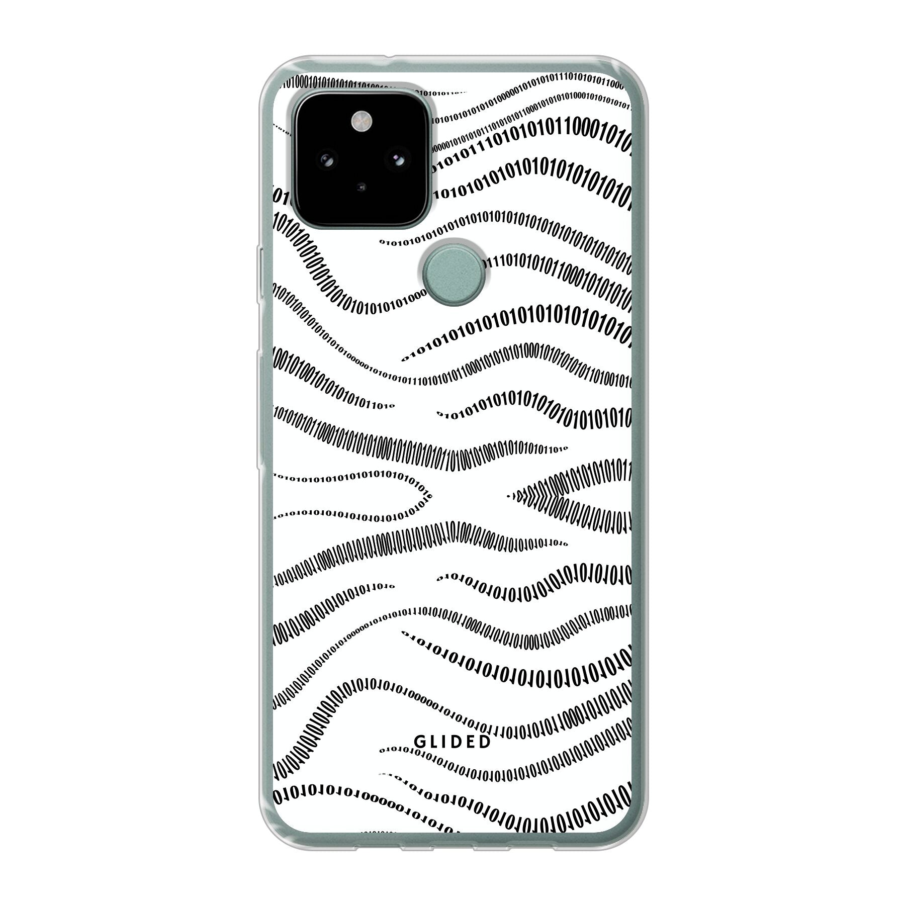 Die 'Binary Code' Handyhülle für Google Pixel 5 mit minimalistischen 0 und 1 Mustern auf weißem Hintergrund, idealer Schutz und modernes Design.