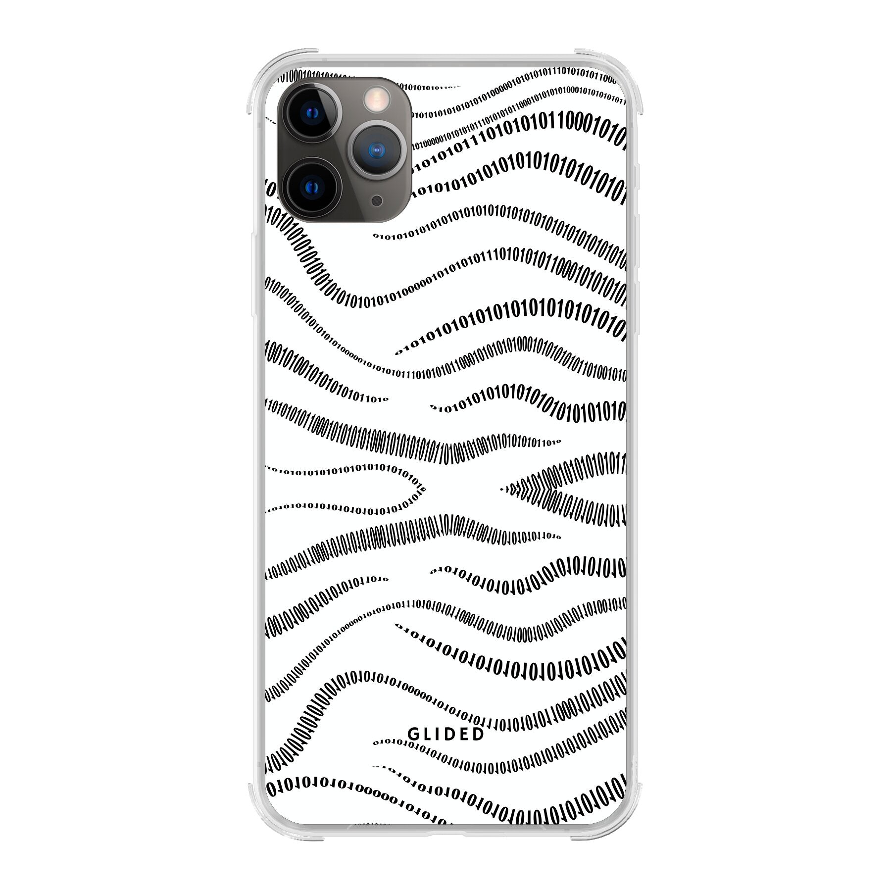 Die 'Binary Code' Handyhülle für iPhone 11 Pro Max mit minimalistischen Linien aus 0 und 1 auf weißem Hintergrund, idealer Schutz und modernes Design.