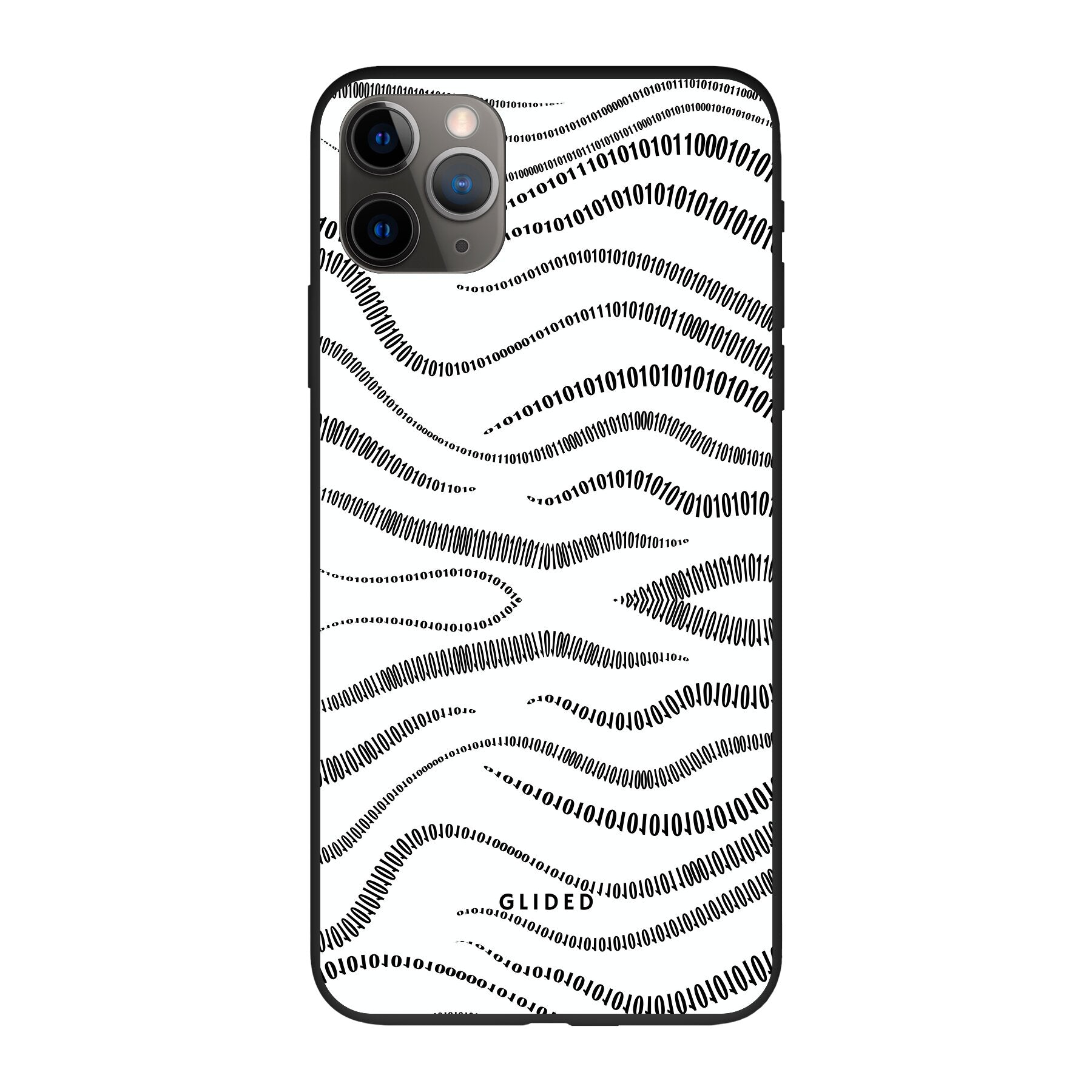 Die 'Binary Code' Handyhülle für iPhone 11 Pro Max mit minimalistischen Linien aus 0 und 1 auf weißem Hintergrund, idealer Schutz und modernes Design.