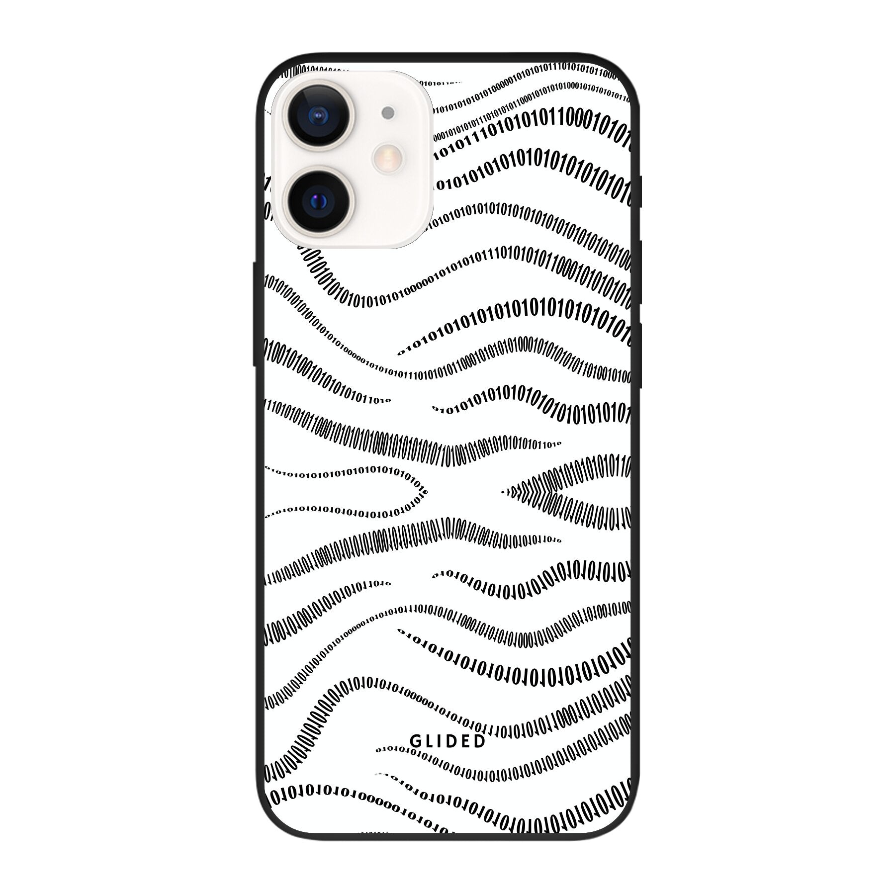 Die 'Binary Code' Handyhülle für iPhone 12 Pro mit minimalistischen Linien aus 0 und 1 auf einem weißen Hintergrund, idealer Schutz und modernes Design.