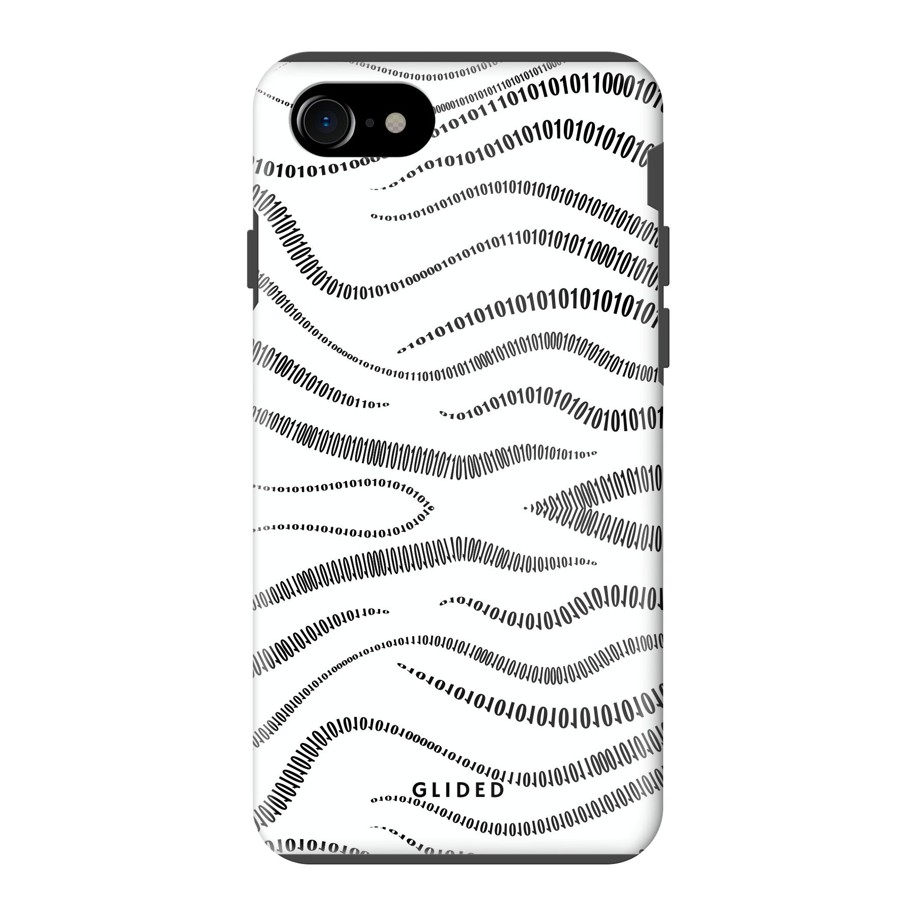 Die 'Binary Code' iPhone 7 Handyhülle zeigt ein minimalistisches Design mit Linien aus den Zahlen 0 und 1 auf einem weißen Hintergrund.