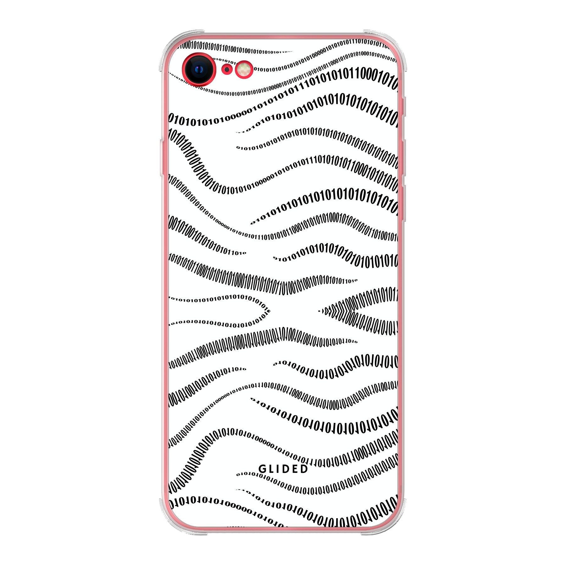 Die 'Binary Code' iPhone 7 Handyhülle zeigt ein minimalistisches Design mit Linien aus den Zahlen 0 und 1 auf einem weißen Hintergrund.