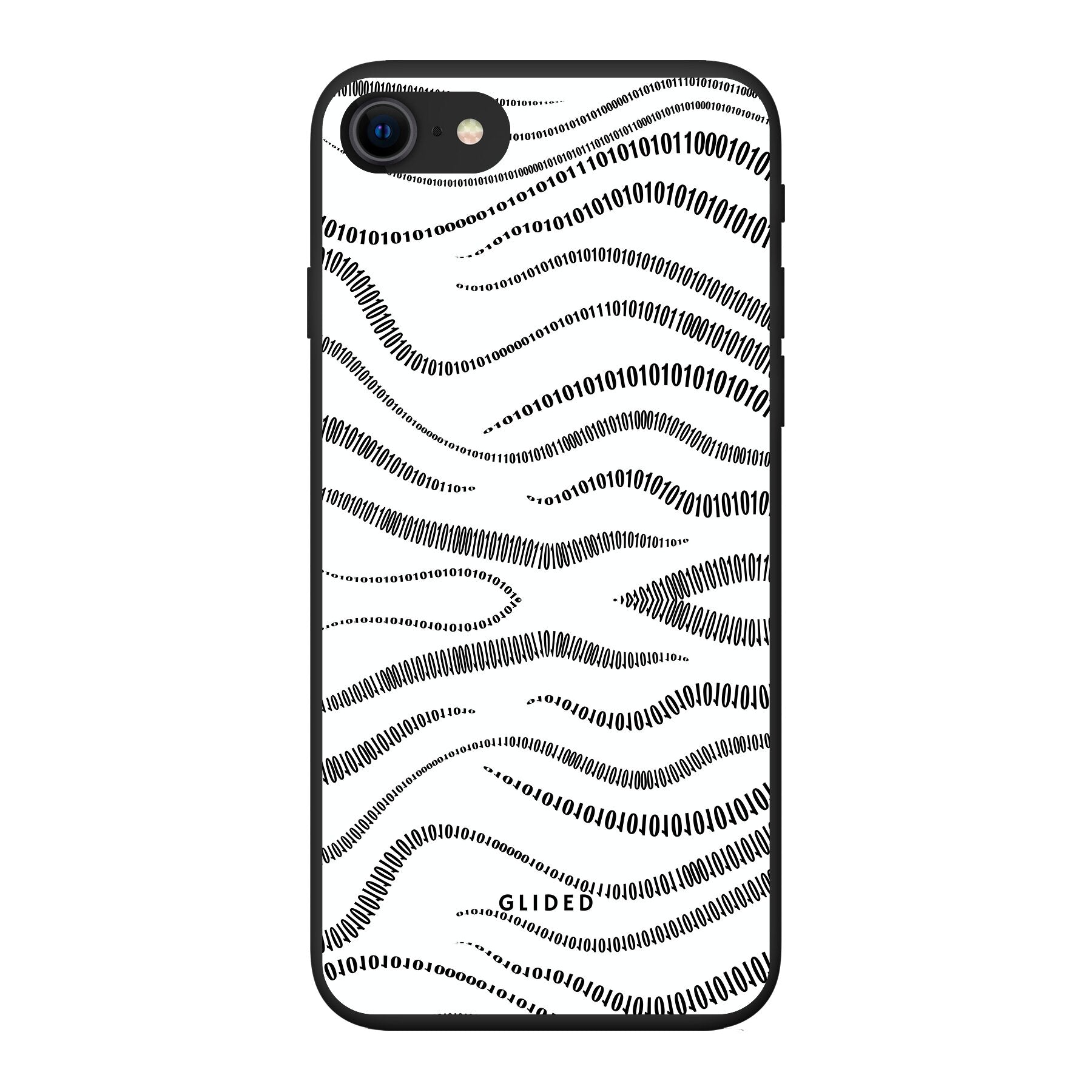 Die 'Binary Code' iPhone 7 Handyhülle zeigt ein minimalistisches Design mit Linien aus den Zahlen 0 und 1 auf einem weißen Hintergrund.