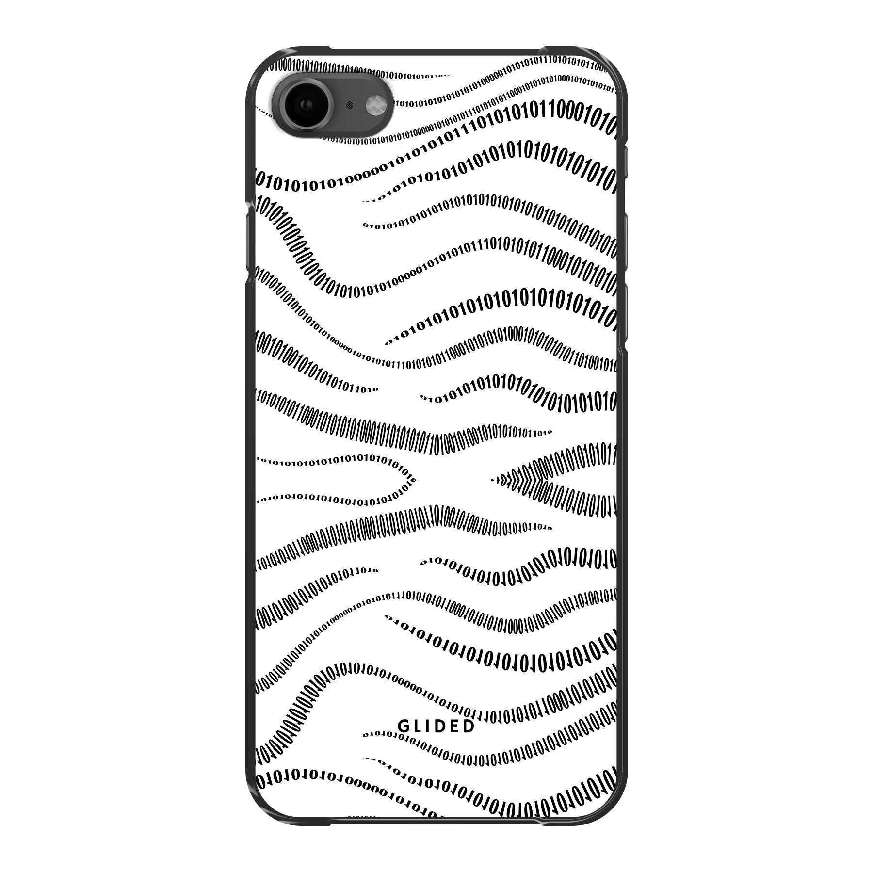 Die 'Binary Code' iPhone 7 Handyhülle zeigt ein minimalistisches Design mit Linien aus den Zahlen 0 und 1 auf einem weißen Hintergrund.