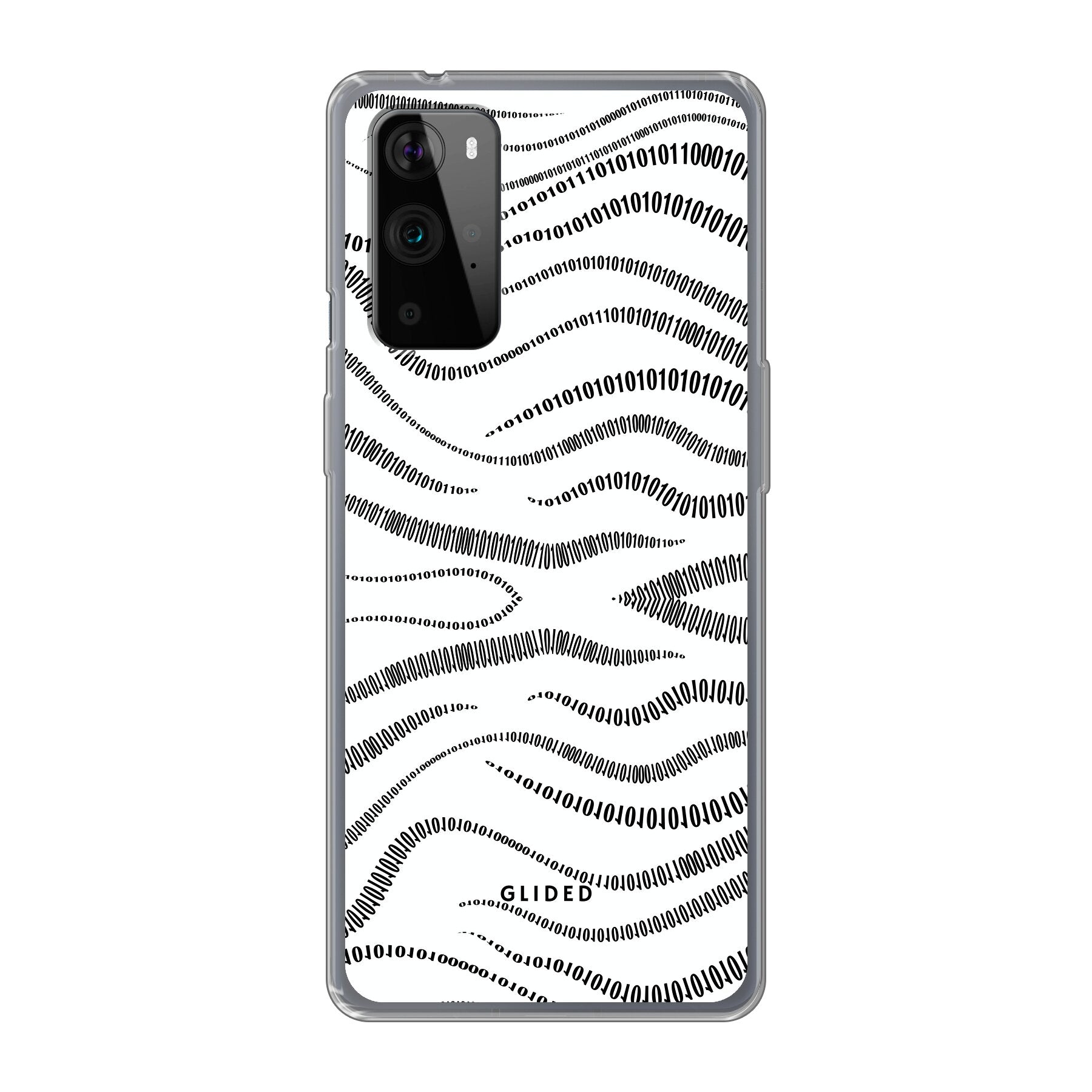 Eine elegante 'Binary Code' Handyhülle für OnePlus 9 Pro mit minimalistischen Linien aus 0 und 1 auf weißem Hintergrund.