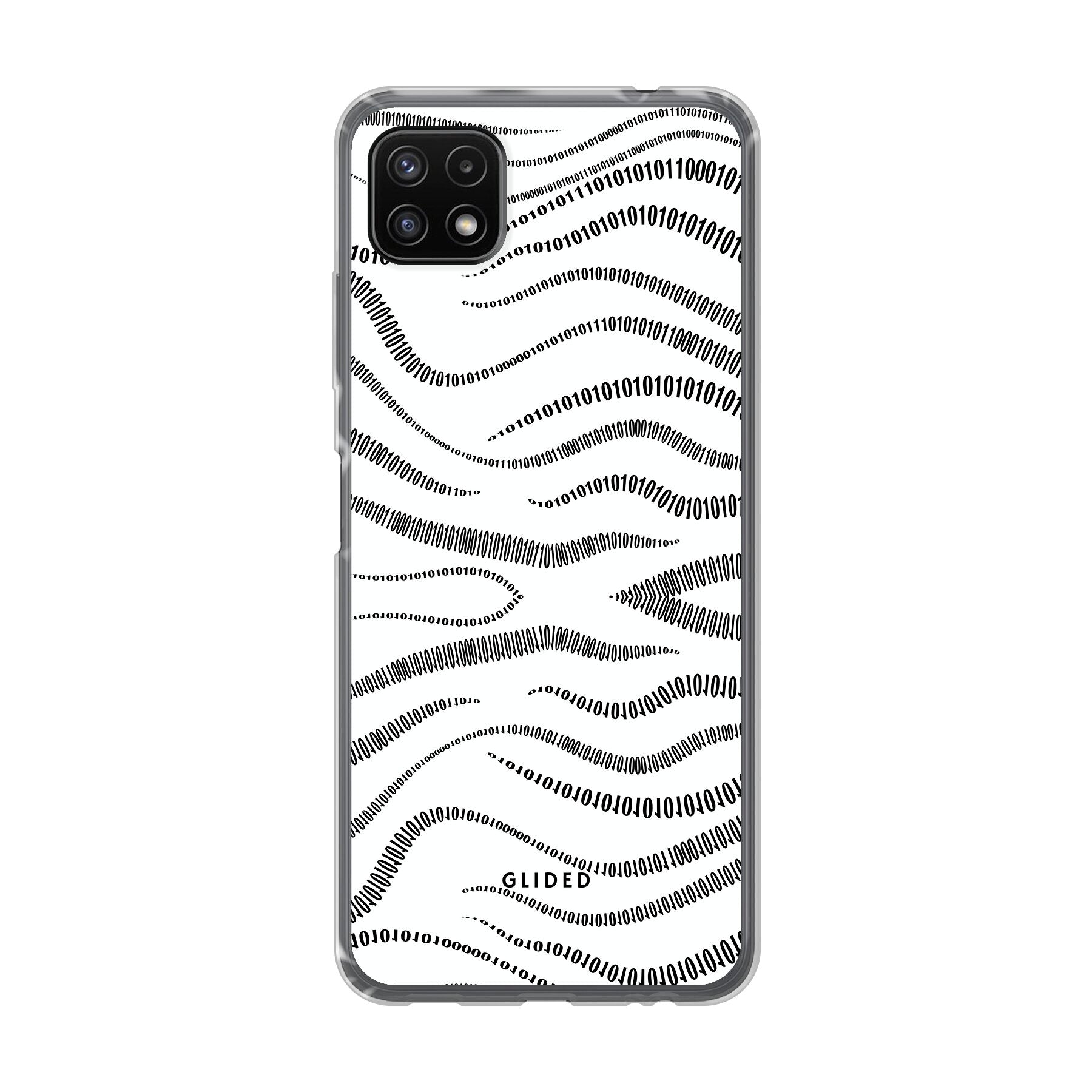 Samsung Galaxy A22 5G Handyhülle mit Binary Code Design, bestehend aus 0 und 1 auf weißem Hintergrund.