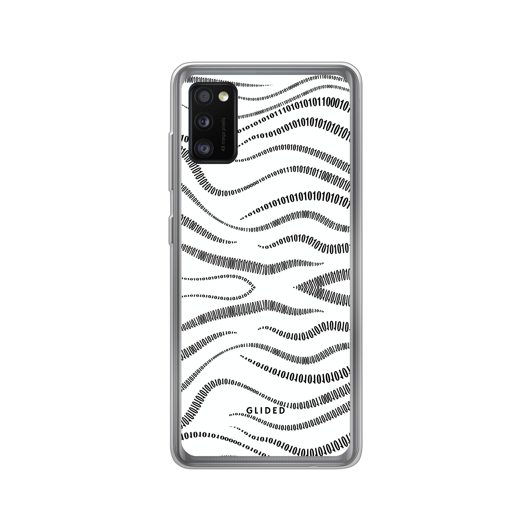 Samsung Galaxy A41 Handyhülle mit Binary Code Design, bestehend aus 0 und 1 auf weißem Hintergrund.