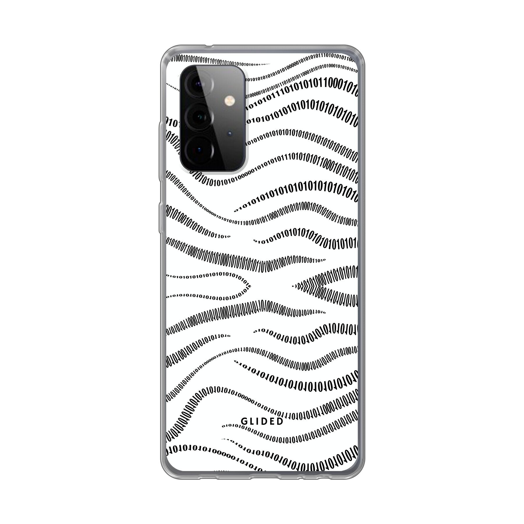 Samsung Galaxy A72 Handyhülle mit Binary Code Design, bestehend aus 0 und 1 auf weißem Hintergrund, bietet minimalistischen Schutz.