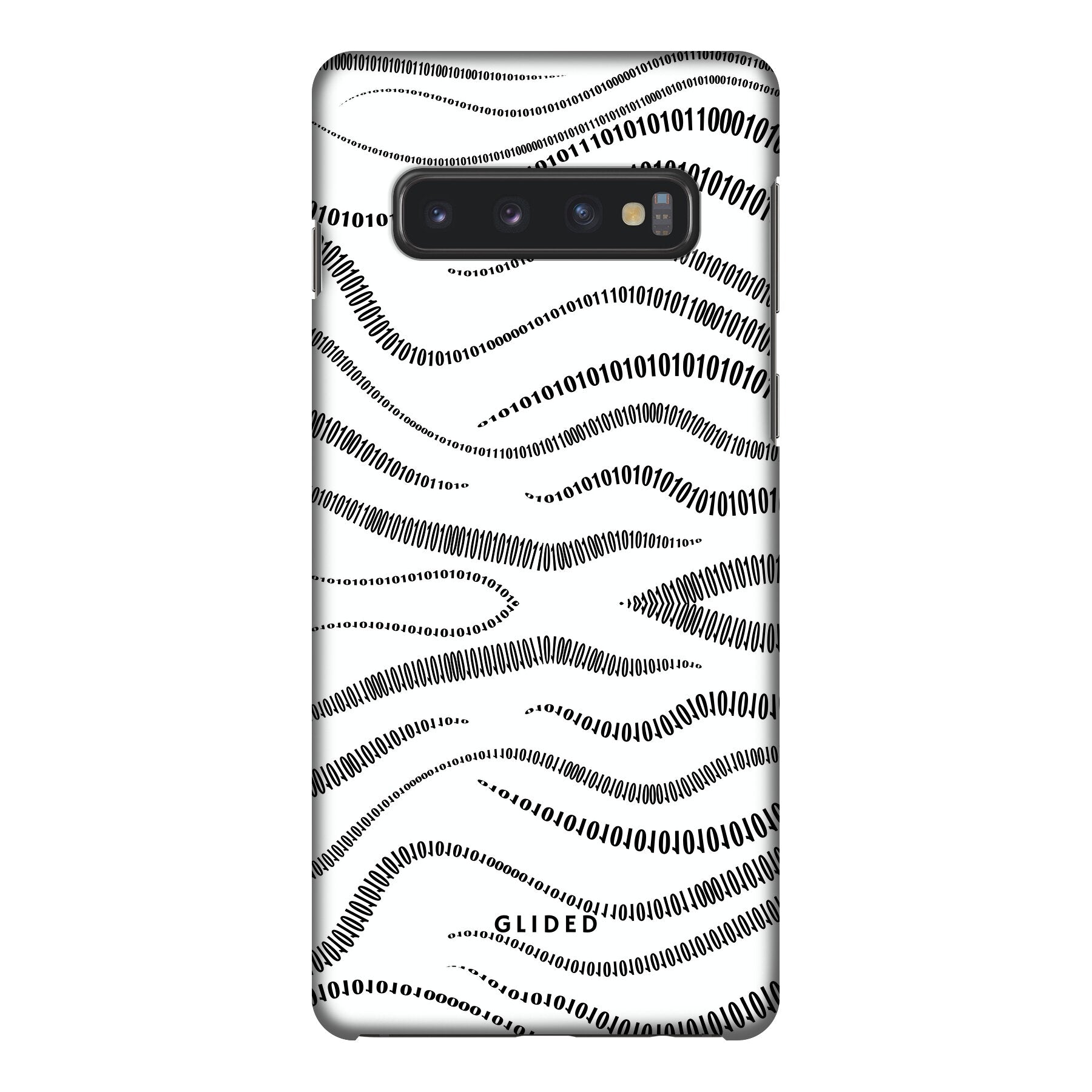 Samsung Galaxy S10 Handyhülle mit Binary Code Design, bestehend aus 0 und 1 auf weißem Hintergrund, bietet minimalistischen Schutz.