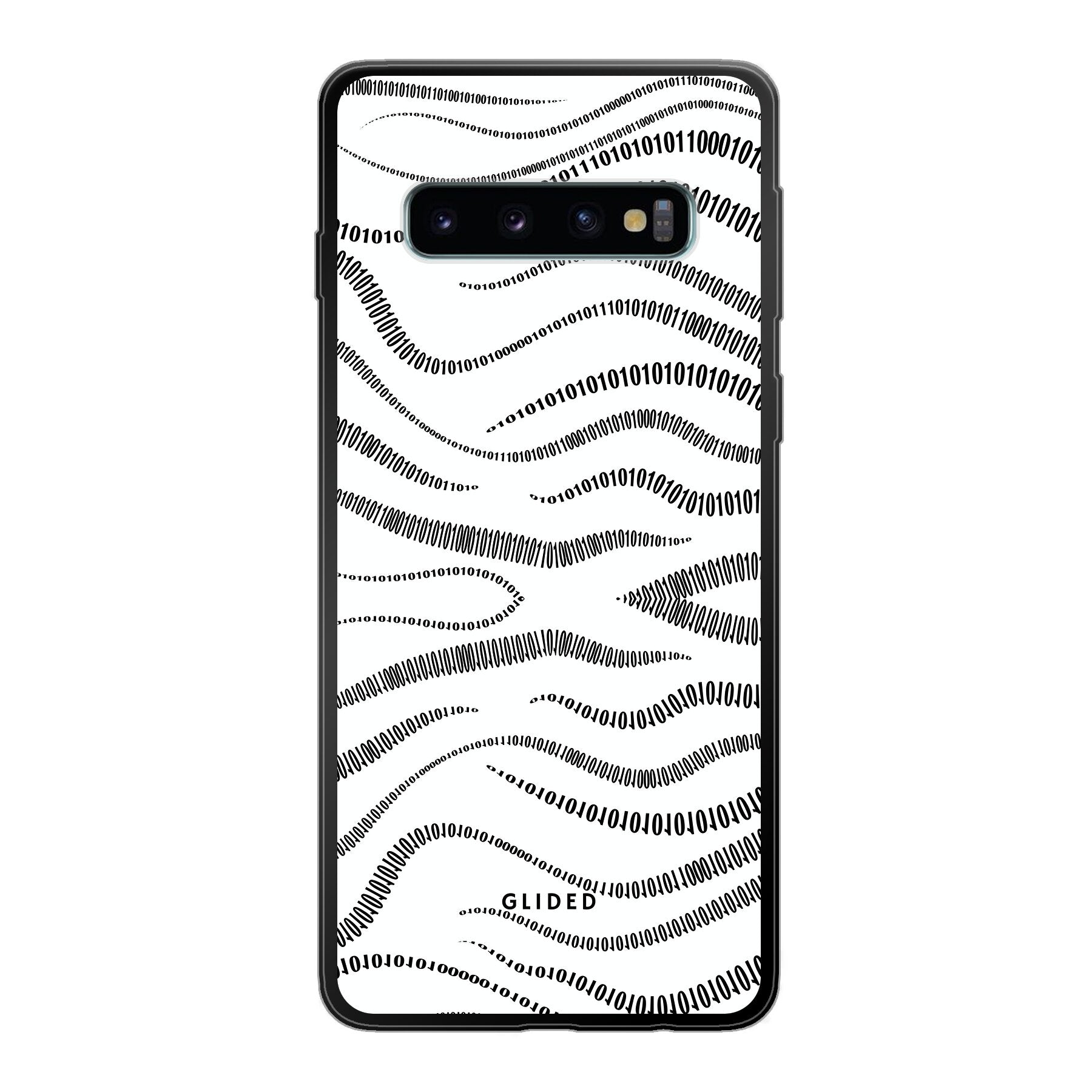 Samsung Galaxy S10 Handyhülle mit Binary Code Design, bestehend aus 0 und 1 auf weißem Hintergrund, bietet minimalistischen Schutz.