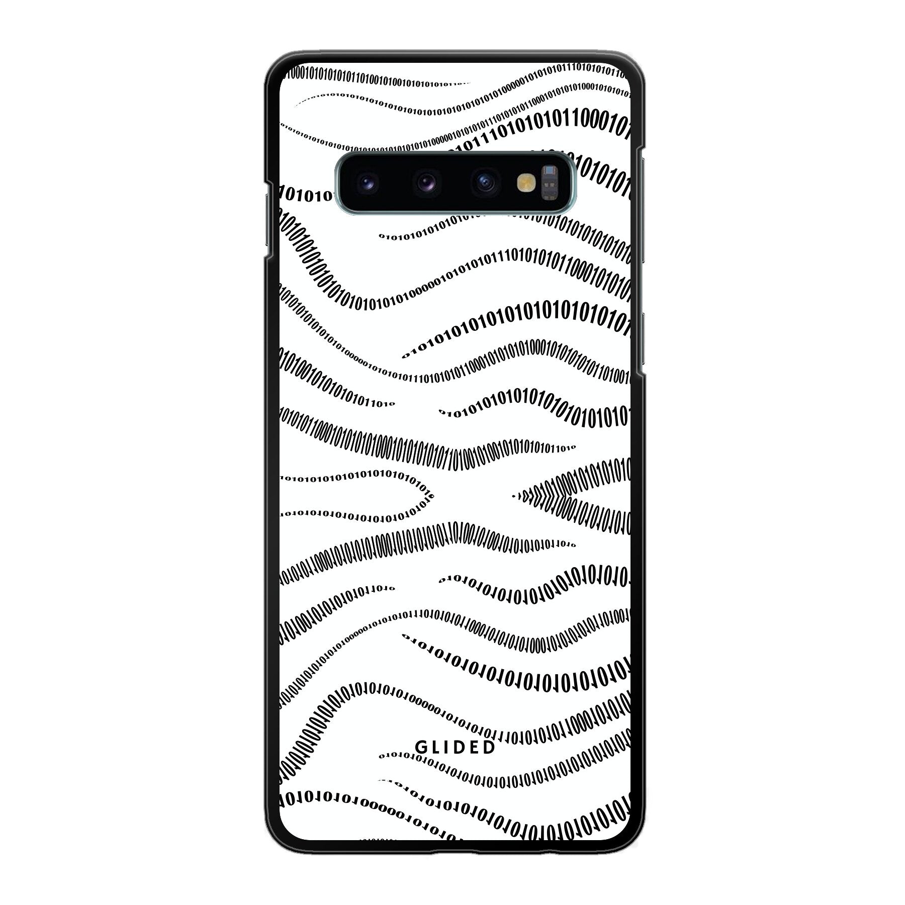 Samsung Galaxy S10 Handyhülle mit Binary Code Design, bestehend aus 0 und 1 auf weißem Hintergrund, bietet minimalistischen Schutz.