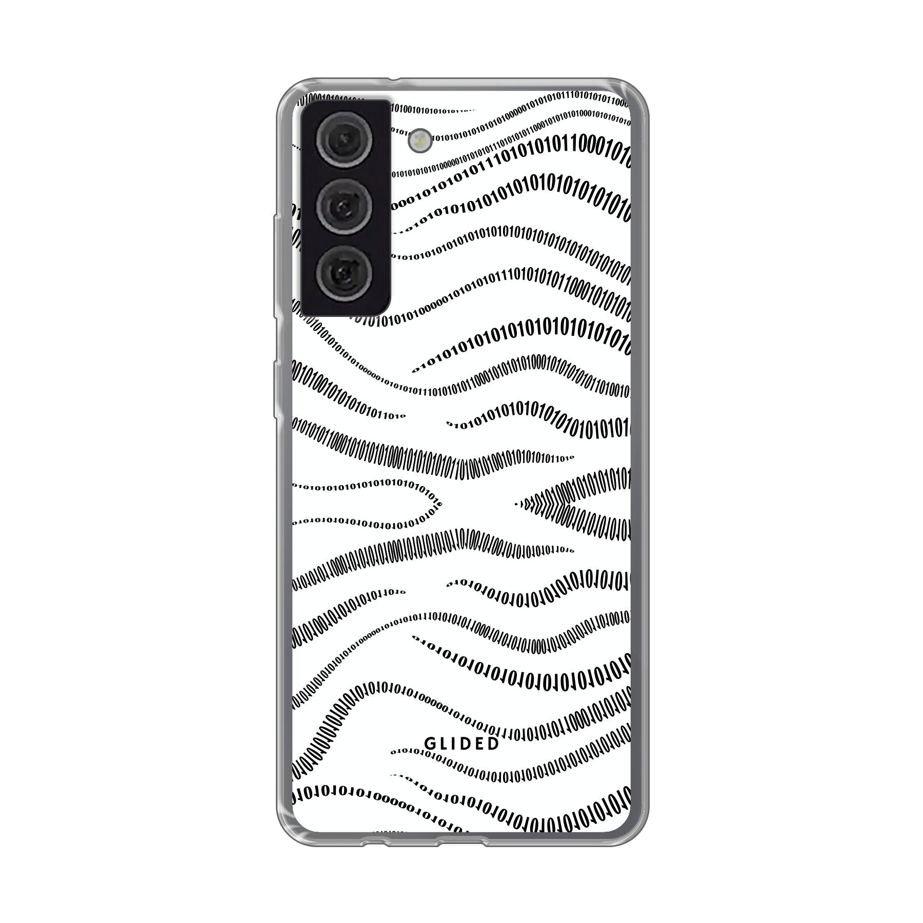 Samsung Galaxy S21 FE Handyhülle mit Binary Code Design, bestehend aus 0 und 1 auf weißem Hintergrund, bietet minimalistischen Schutz.