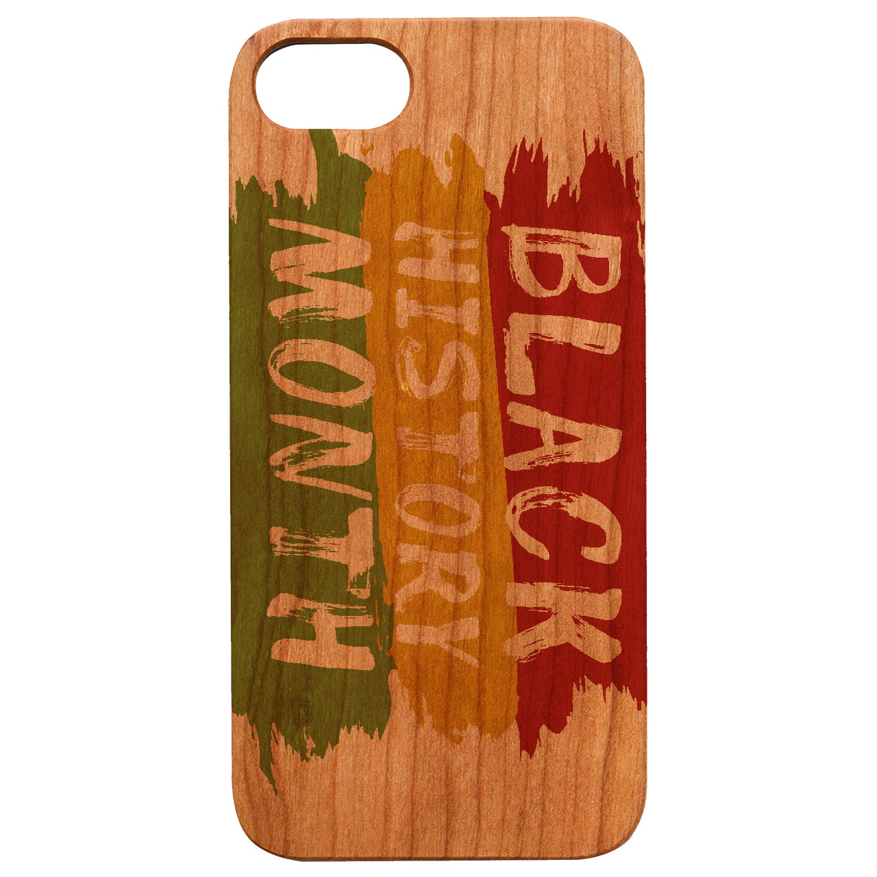 Stylish wooden phone case with UV color printed design celebrating Black History Month, showcasing natural wood texture and vibrant colors.