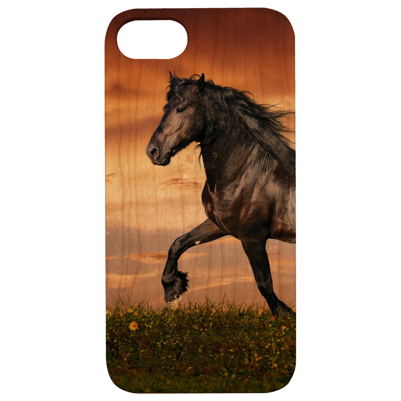 Black Horse UV Color Printed phone case showcasing natural wood finish and vibrant designs, compatible with iPhone and Samsung models.