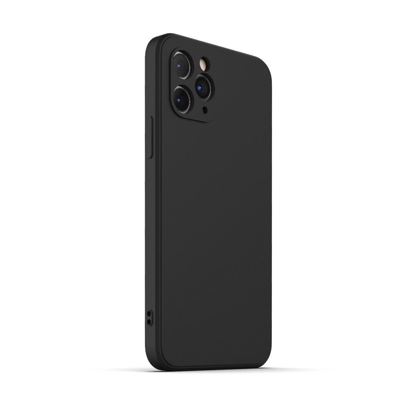 Black iPhone 11 Pro Case made from durable Liquid Silicone with soft microfiber lining, showcasing its sleek design and protective features.