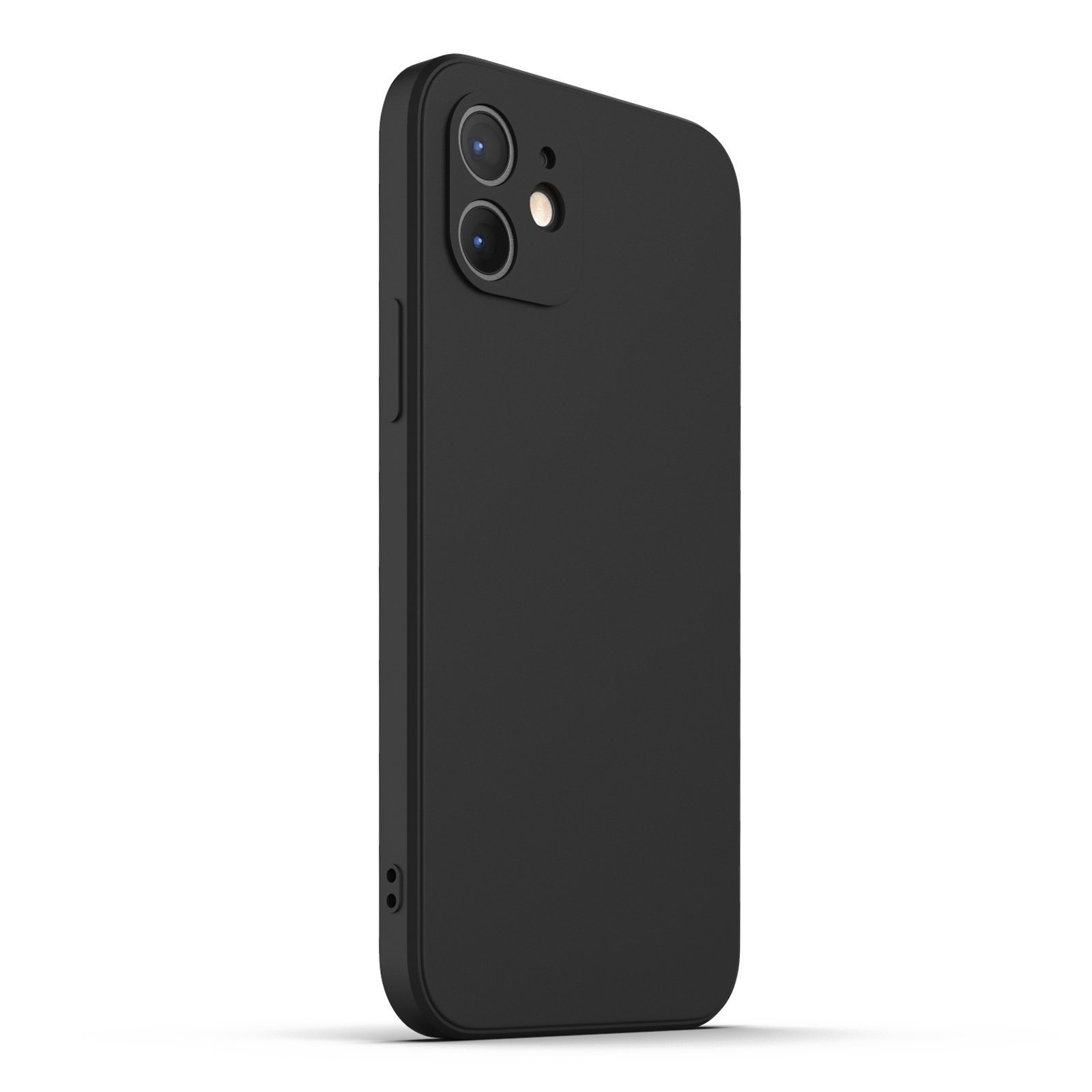 Black iPhone 12 case made from durable Liquid Silicone with a soft microfiber lining, showcasing its sleek design and protective features.