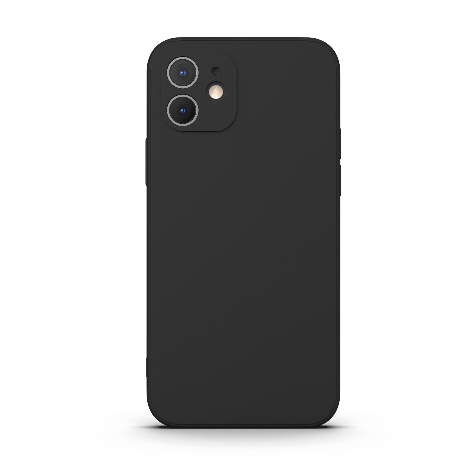 Black iPhone 12 case made from durable Liquid Silicone with a soft microfiber lining, showcasing its sleek design and protective features.