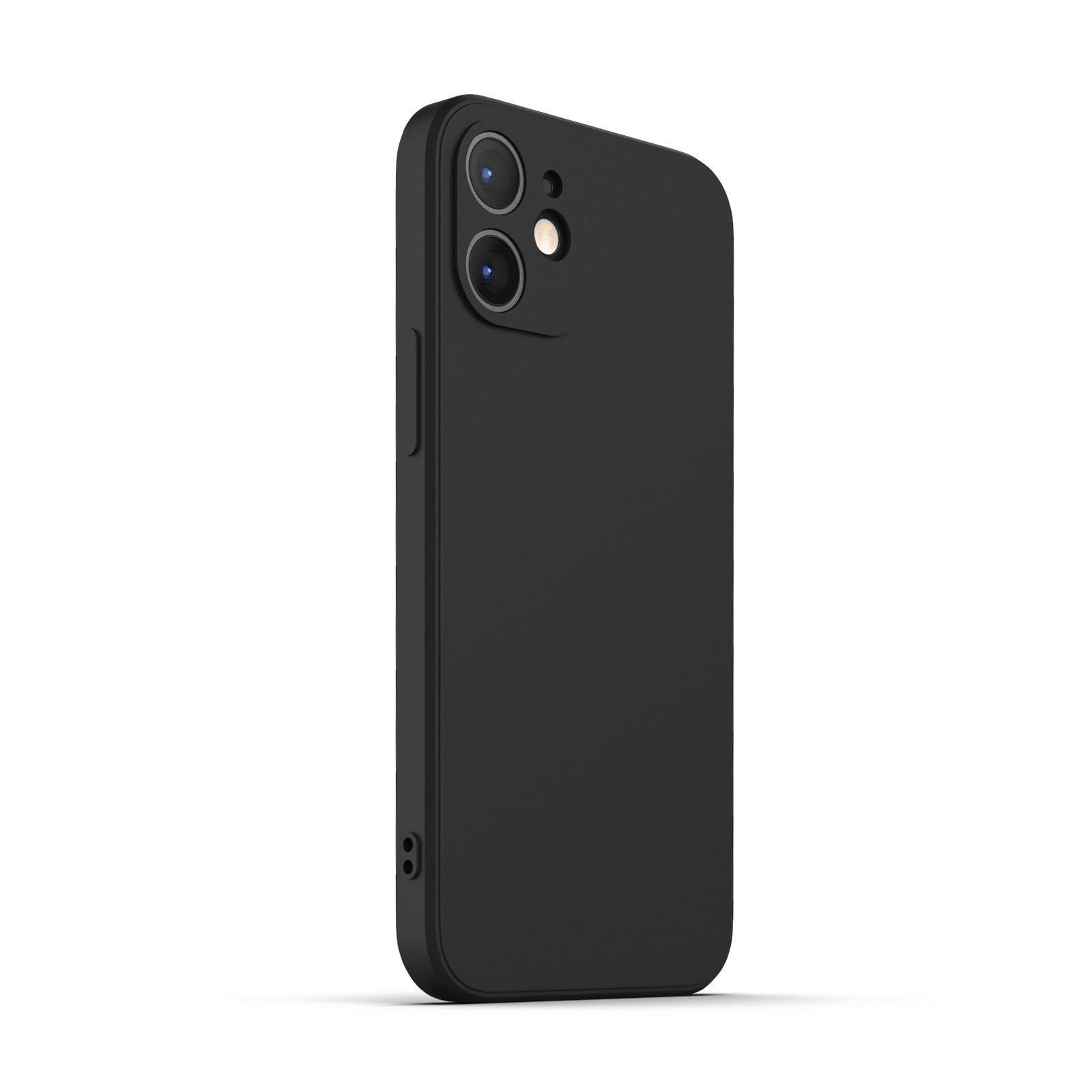 Black iPhone 12 Mini Case made from durable Liquid Silicone with a soft microfiber lining, showcasing its sleek design and protective features.