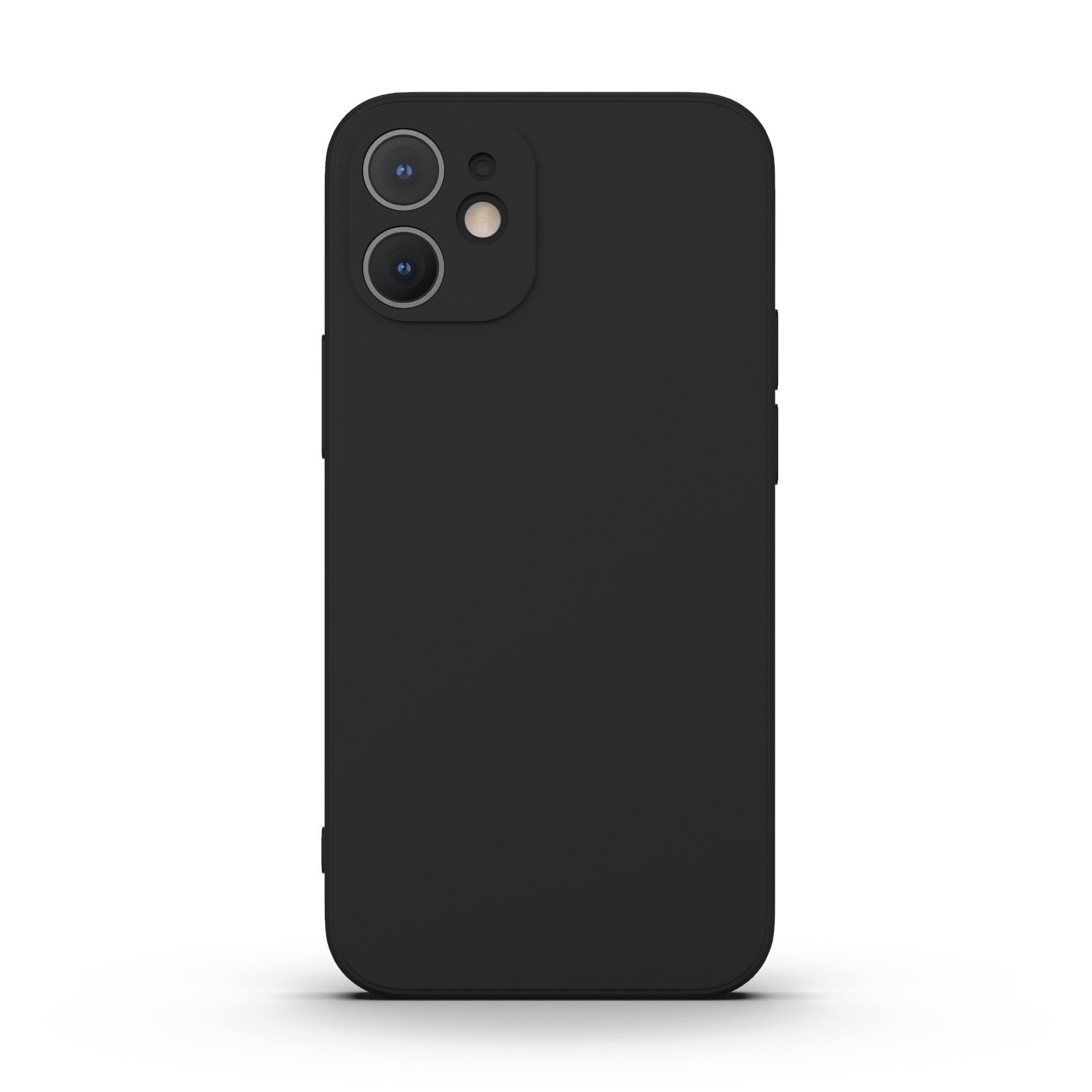 Black iPhone 12 Mini Case made from durable Liquid Silicone with a soft microfiber lining, showcasing its sleek design and protective features.