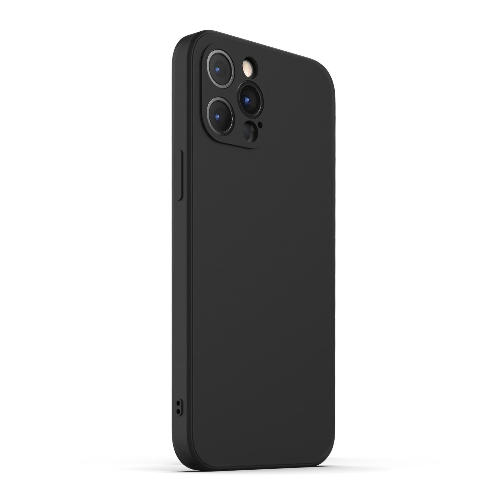 Black iPhone 12 Pro Max case made from durable Liquid Silicone with a soft microfiber lining, showcasing its sleek design and protective features.