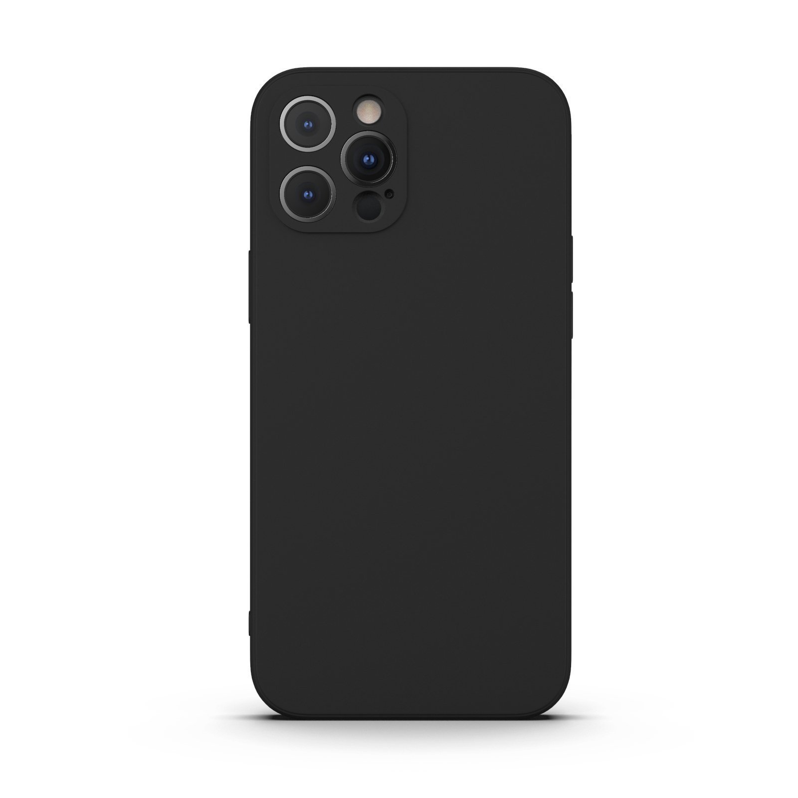 Black iPhone 12 Pro Max case made from durable Liquid Silicone with a soft microfiber lining, showcasing its sleek design and protective features.