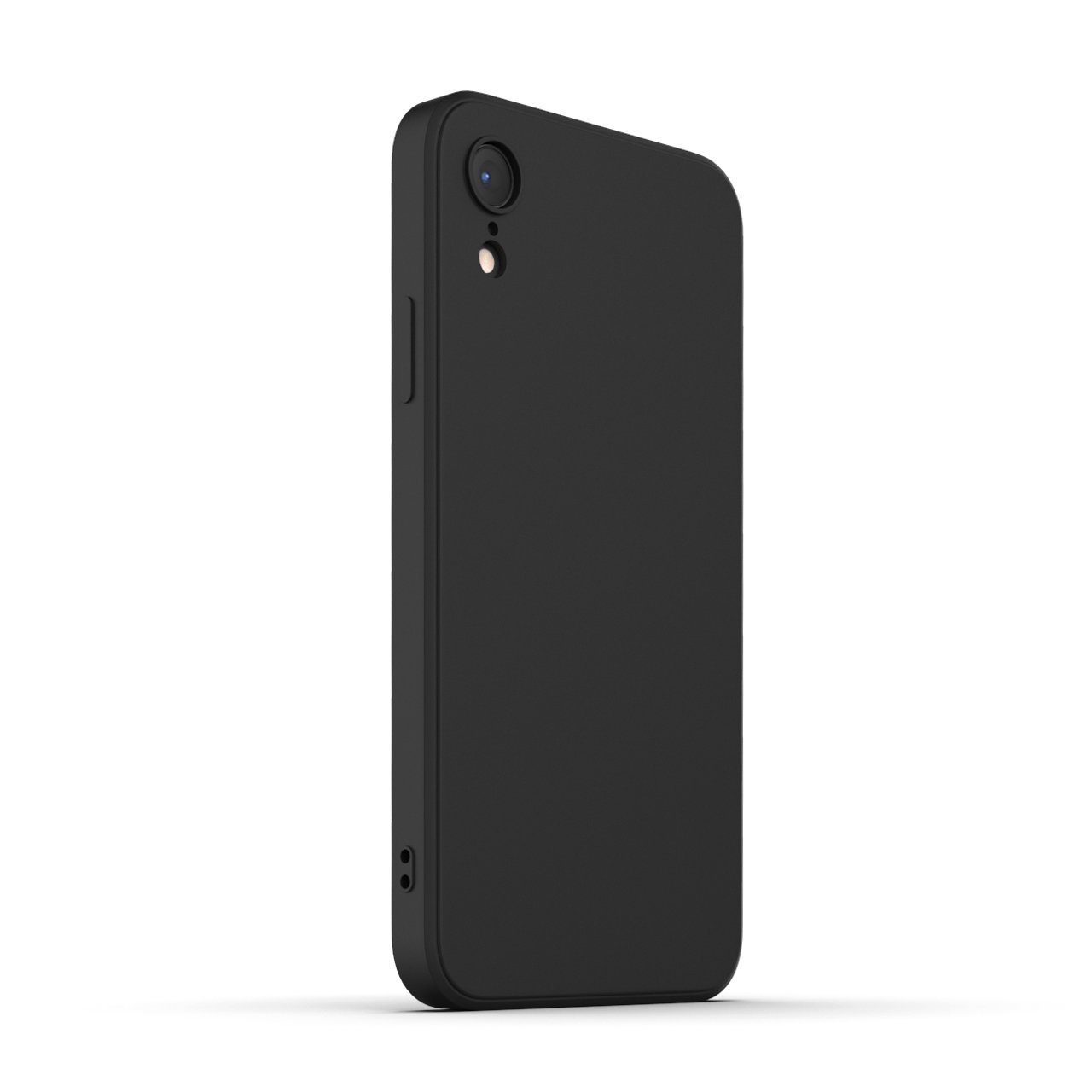 Black iPhone XR case made from durable Liquid Silicone with soft microfiber lining, showcasing its sleek design and protective features.