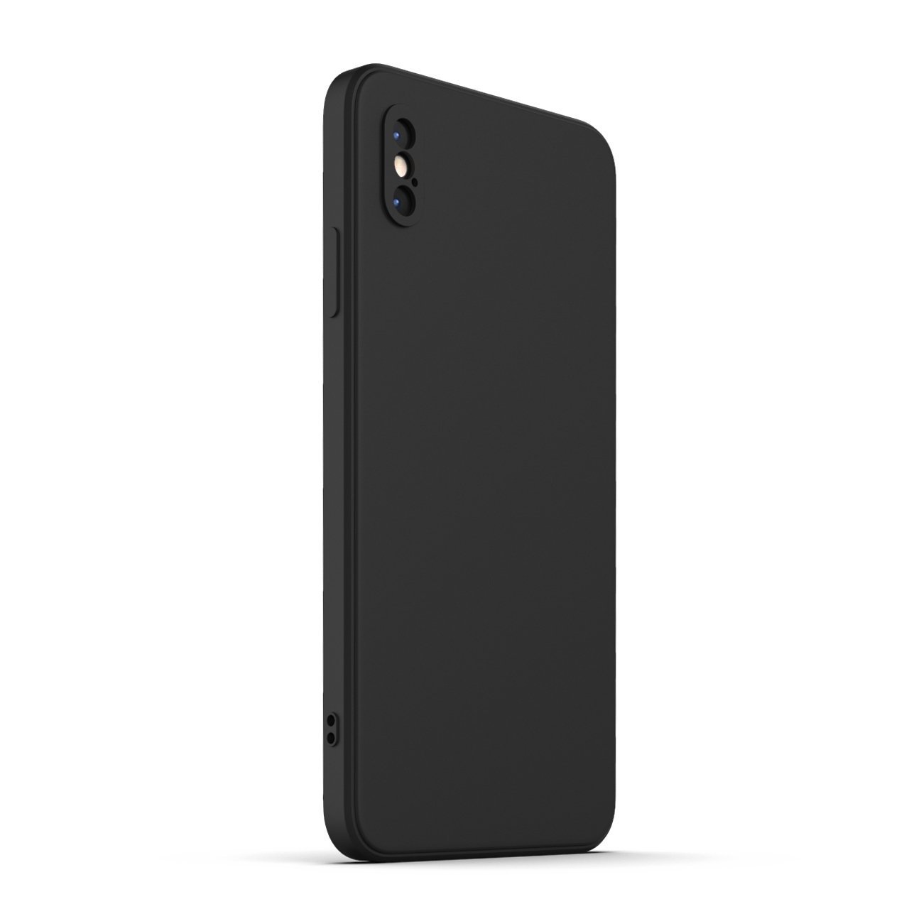 Black iPhone XS Max case made from durable Liquid Silicone with a soft microfiber lining, showcasing its sleek design and protective features.