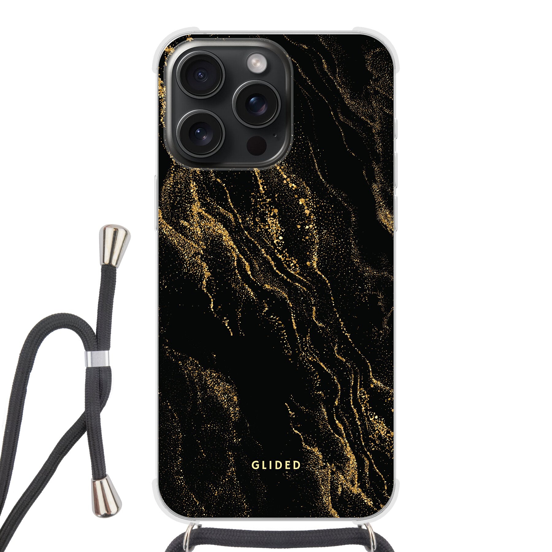 Elegante Black Marble iPhone 15 Pro Handyhülle mit luxuriösem schwarzem Marmordesign, bietet stilvollen Schutz und präzisen Zugriff auf Funktionen.