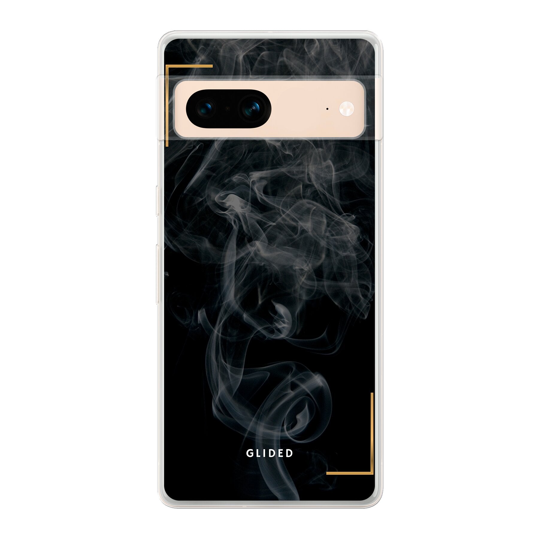 Elegante Black Mystery Handyhülle für Google Pixel 7 mit geheimnisvollem Rauchdesign auf dunklem Hintergrund.