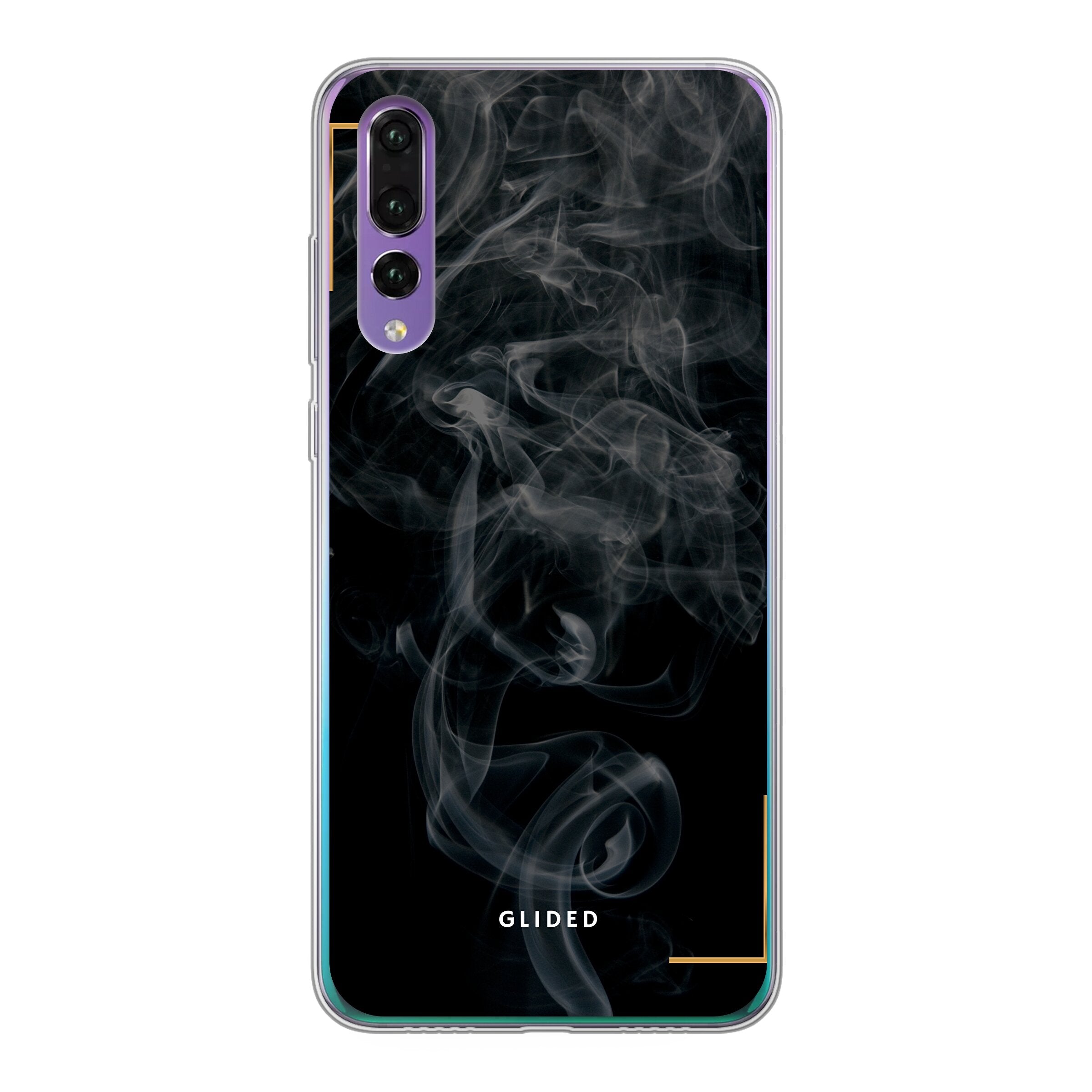 Schwarze Handyhülle für Huawei P30 mit mysteriösem Rauchdesign auf dunklem Hintergrund, stilvoll und schützend.