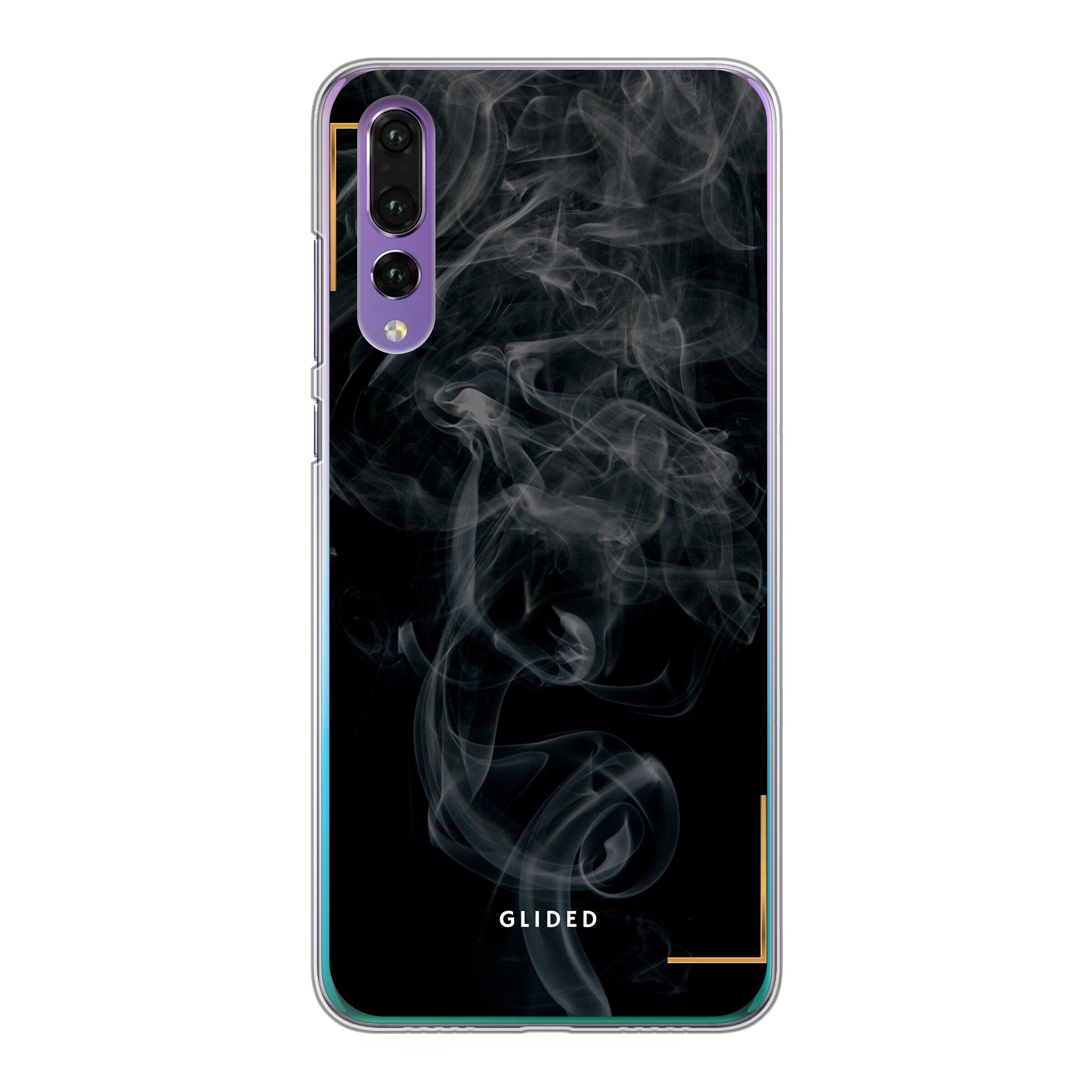 Schwarze Handyhülle für Huawei P30 mit mysteriösem Rauchdesign auf dunklem Hintergrund, stilvoll und schützend.