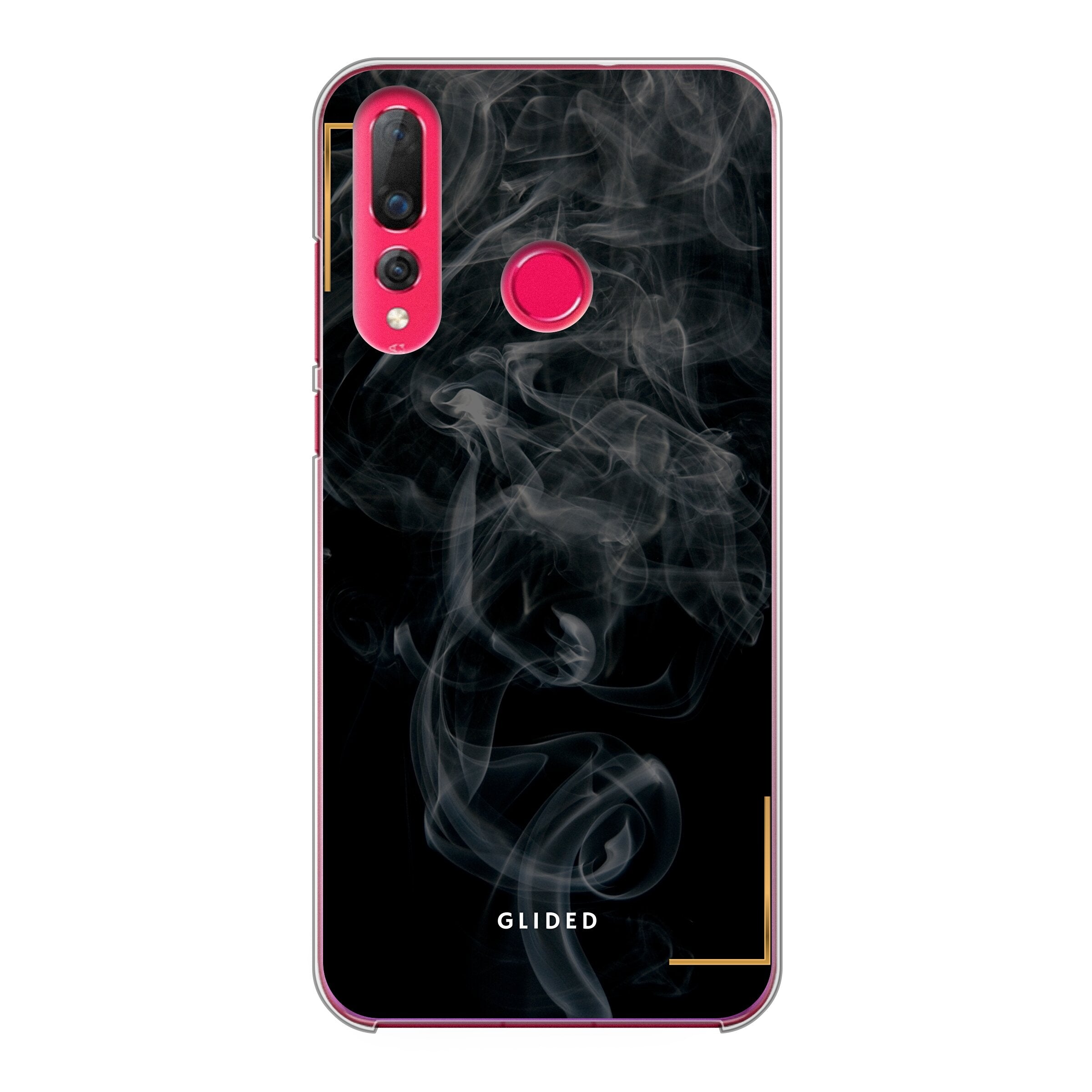 Schwarze Handyhülle für Huawei P30 Lite mit mysteriösem Rauchdesign auf dunklem Hintergrund.