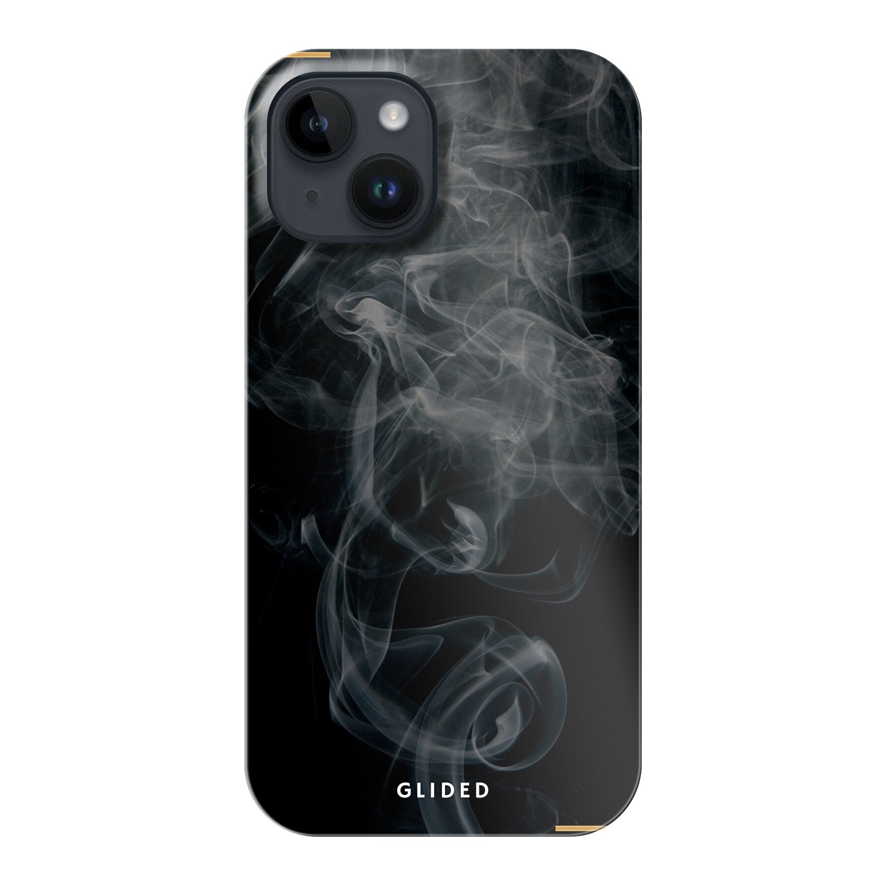 Elegante Black Mystery iPhone 15 Handyhülle mit geheimnisvollem Rauchdesign auf dunklem Hintergrund.