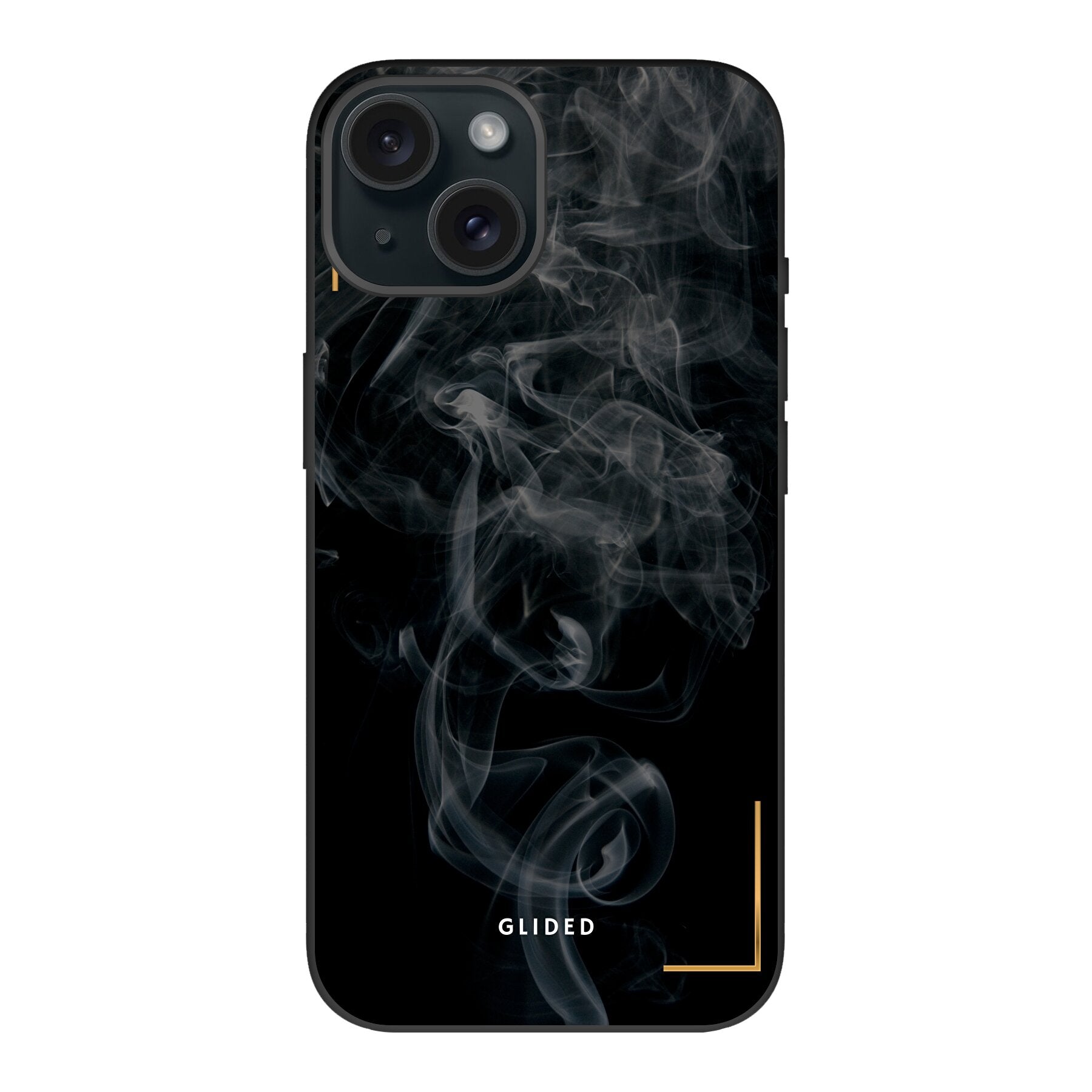 Elegante Black Mystery iPhone 15 Handyhülle mit geheimnisvollem Rauchdesign auf dunklem Hintergrund.