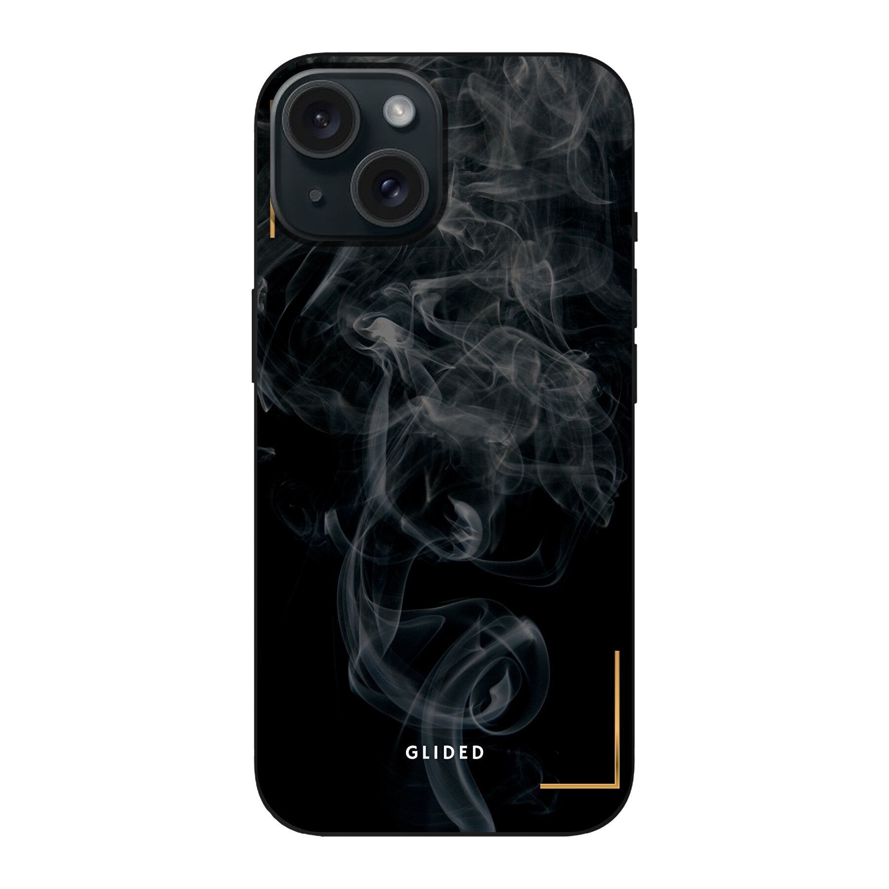 Elegante Black Mystery iPhone 15 Handyhülle mit geheimnisvollem Rauchdesign auf dunklem Hintergrund.